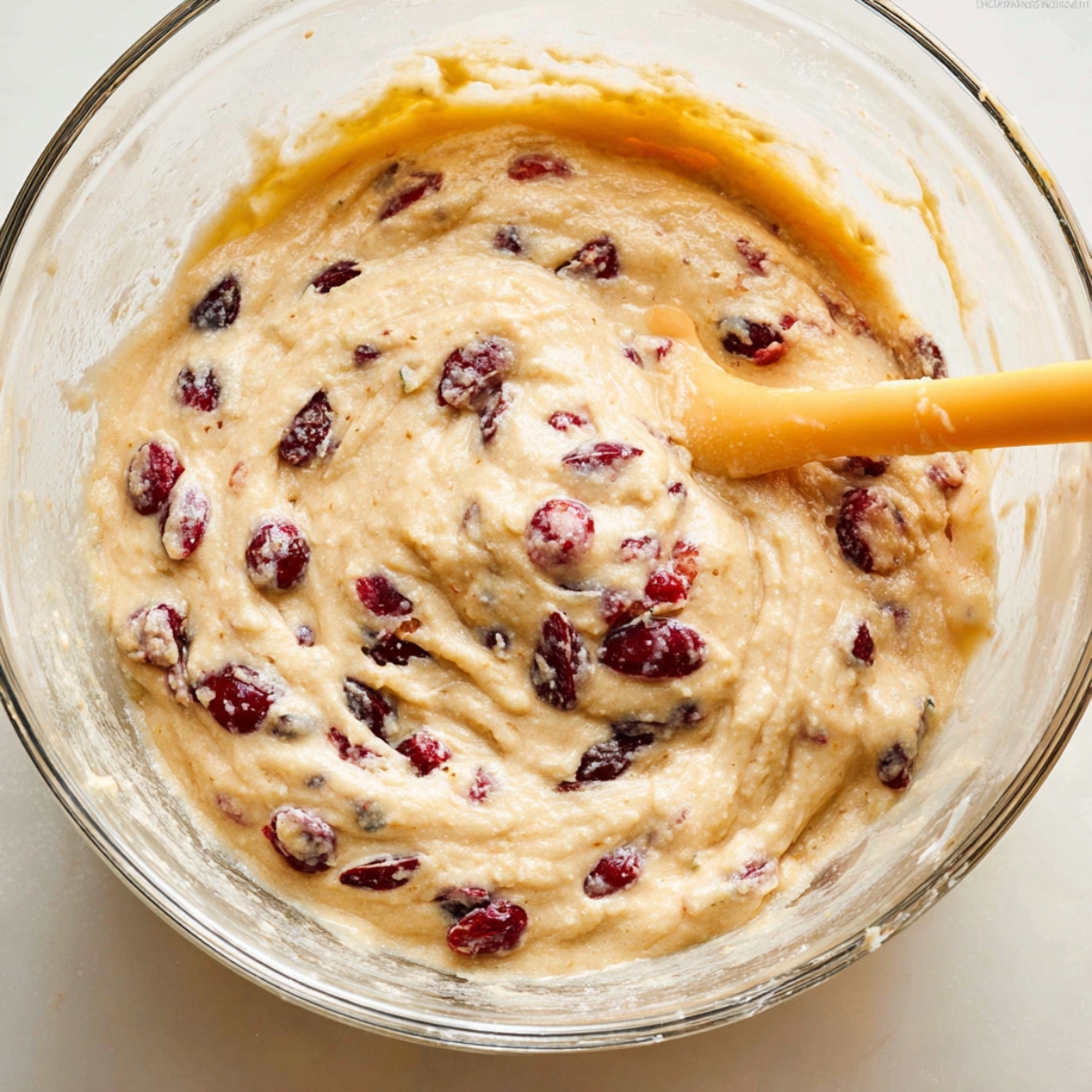 Easy Cranberry Orange Muffins 10 Bowl with cranberry-orange muffin batter and cranberries.