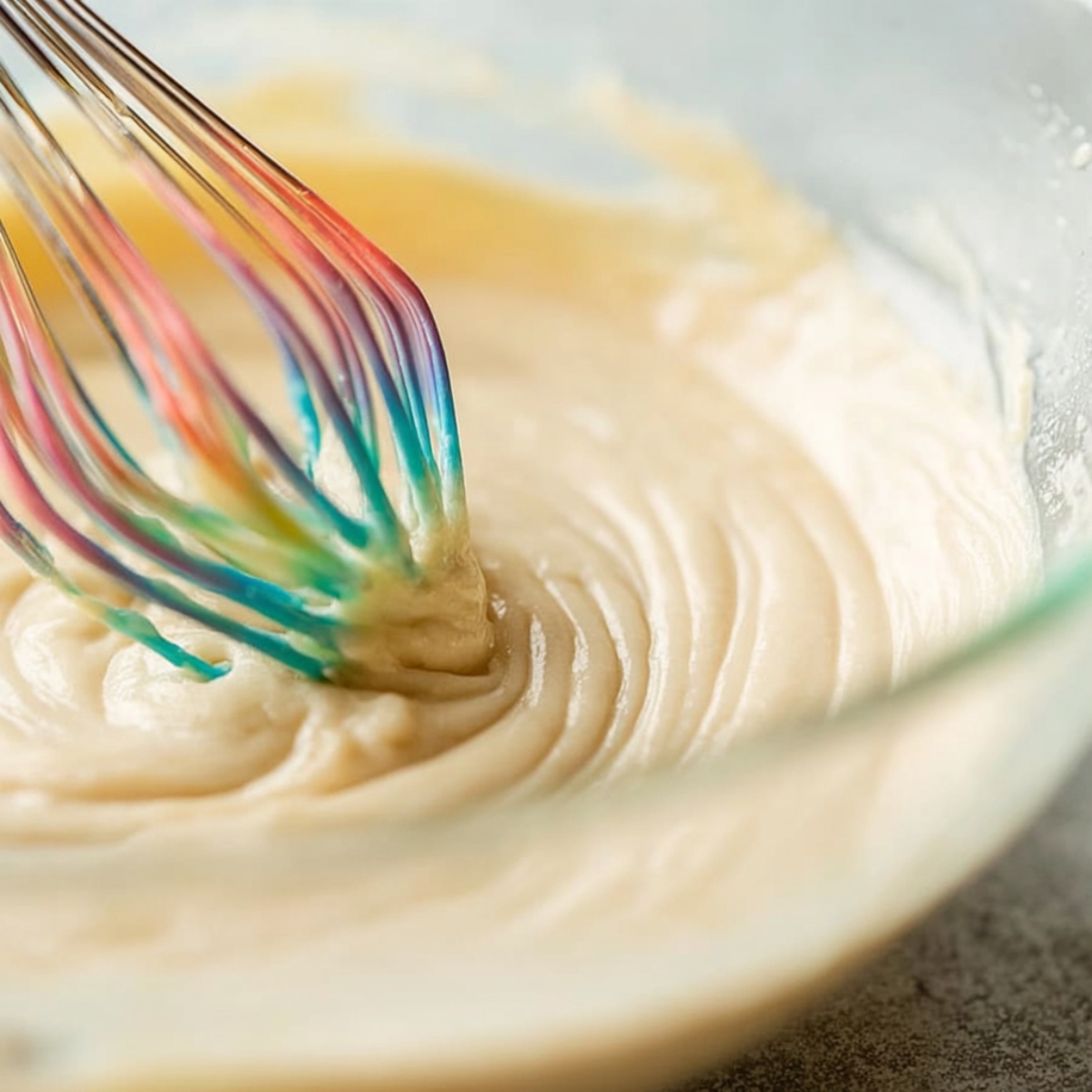 Easy Party Piñata Cupcakes Recipe 10 A rainbow whisk stirring smooth cupcake batter in a glass bowl.