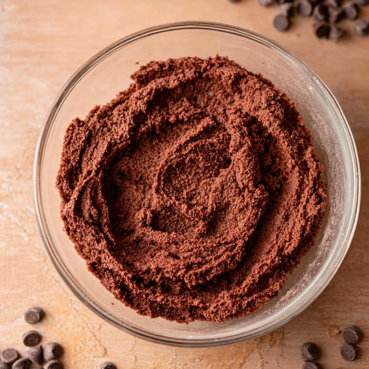 Homemade Chocolate Lava Cookies 10 A bowl of smooth chocolate cookie dough, rich in color and ready to be shaped into cookies. Chocolate chips are scattered around the bowl.