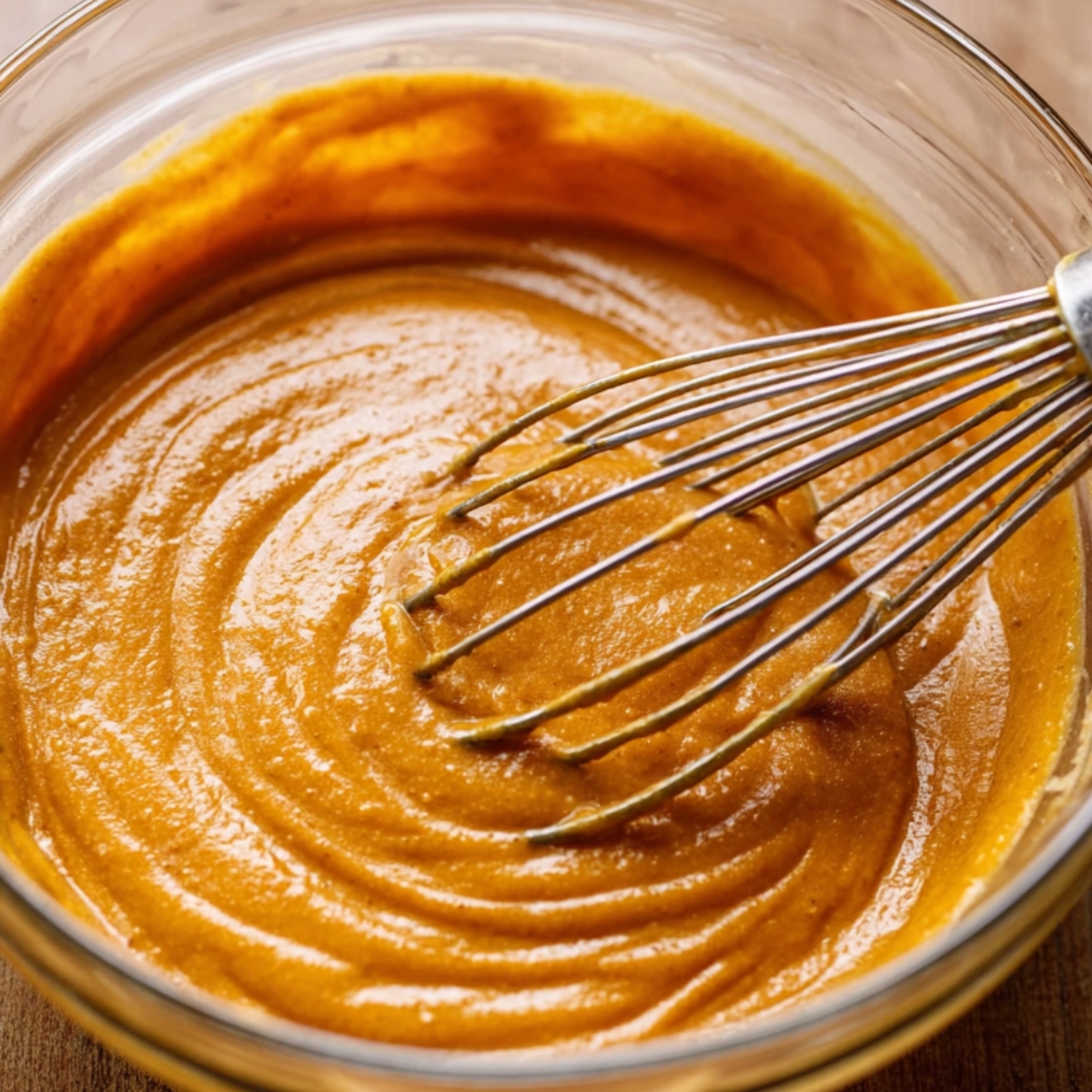 The Best Pumpkin Bread Recipe 10 Pumpkin bread batter being whisked in a glass bowl, showing a smooth, creamy consistency.