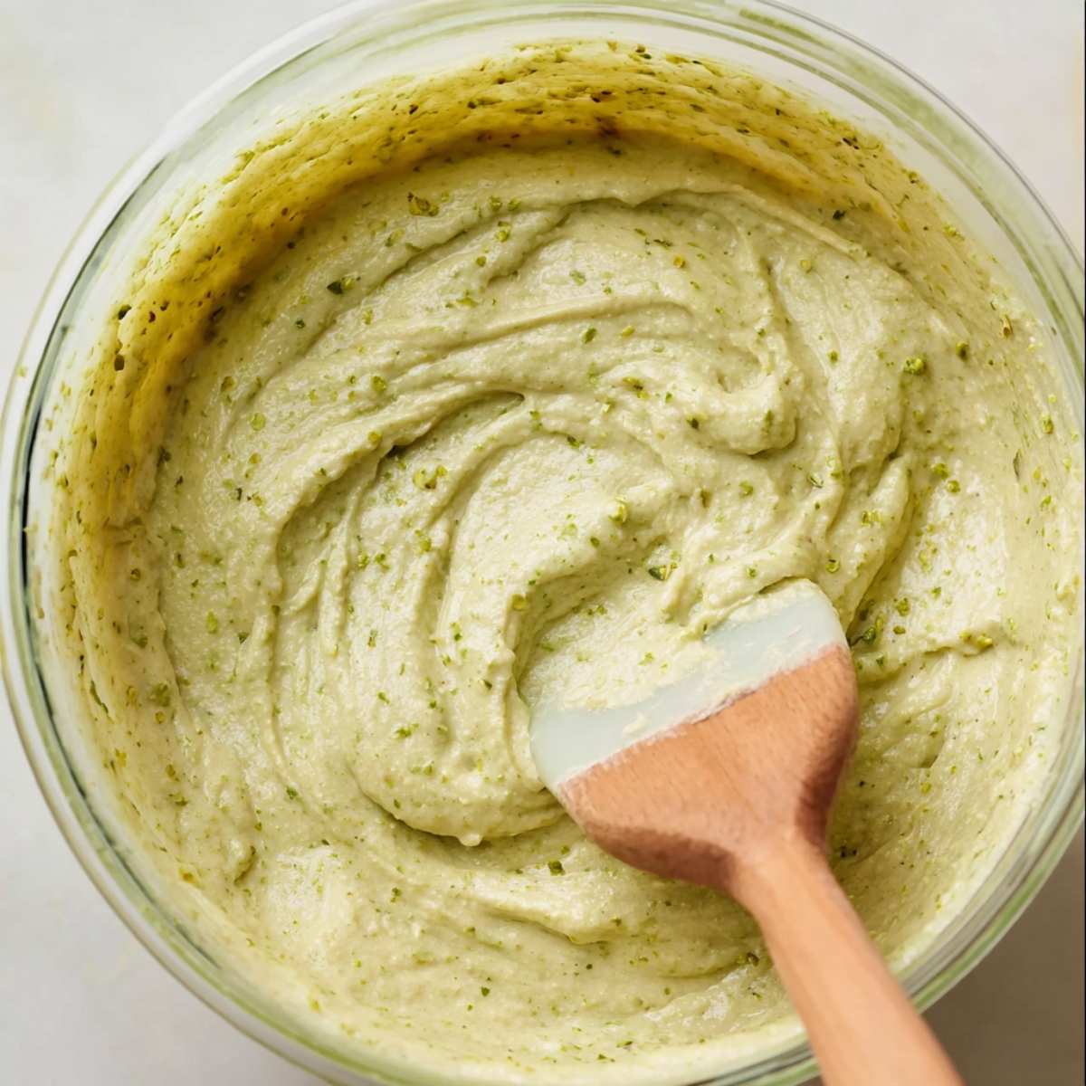 Pistachio Cupcakes with Strawberry Buttercream 10 Pistachio cupcake batter in a glass bowl with a spatula.
