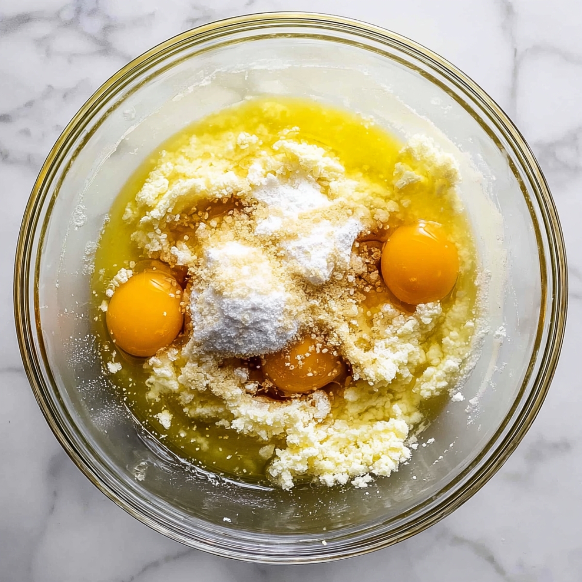 Healthy Lemon Muffins Recipe 10 A glass bowl filled with wet ingredients for lemon muffins, including oil, eggs, sugar, and flour. The ingredients are mixed together, creating a slightly lumpy mixture with visible eggs and flour granules.