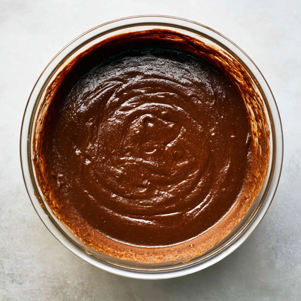 Chocolate Olive Oil Cake Recipe 11 A smooth, glossy chocolate cake batter in a glass mixing bowl, ready to be poured into a pan for baking.