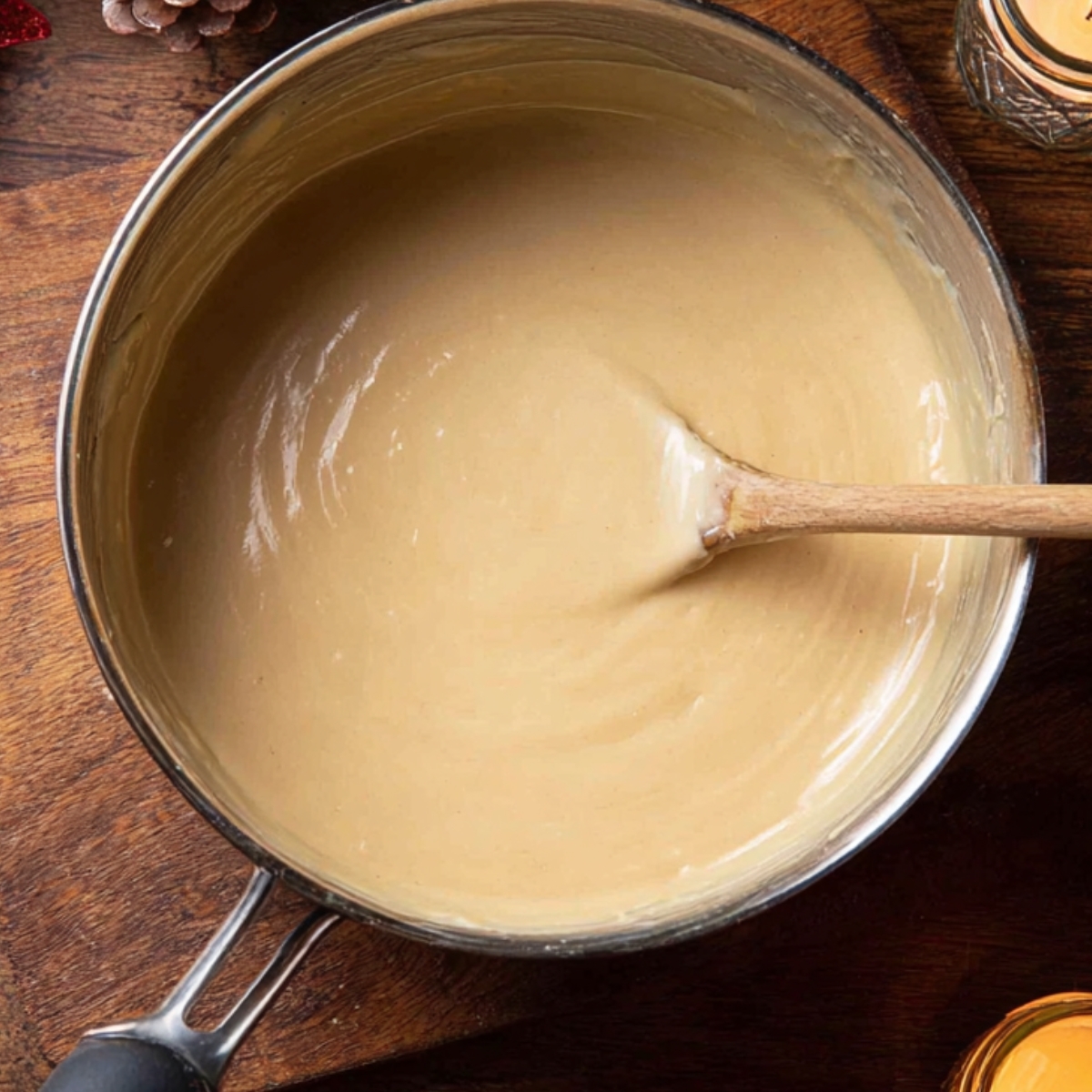 Easy Sticky Toffee Pudding Cookies 10 A creamy, thick custard in a saucepan being stirred with a wooden spoon.