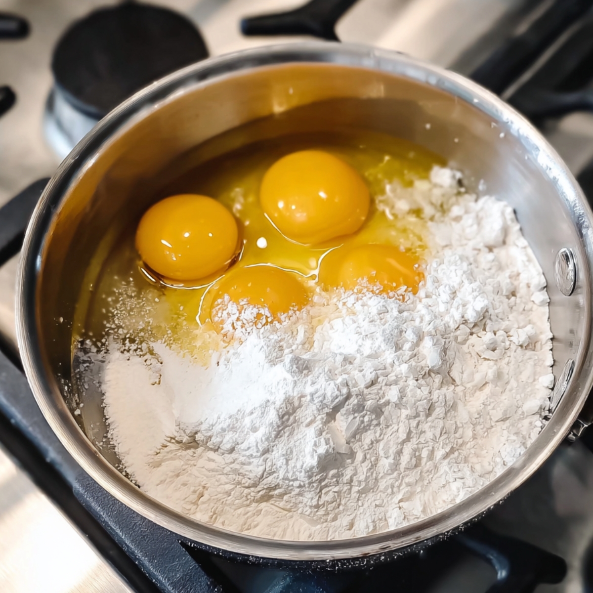 French Raspberry Tart Recipe 10 A saucepan with egg yolks and flour combined, set on a stovetop. The ingredients are measured and ready to be cooked for a pastry cream.