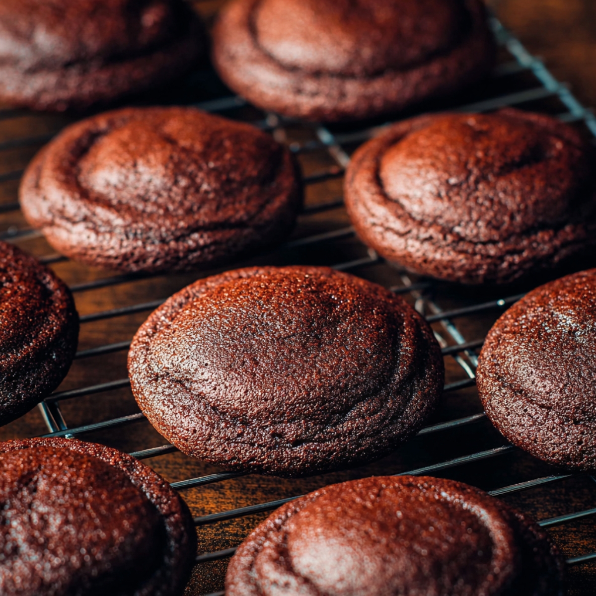 Homemade Chocolate Lava Cookies 11 A cooling rack with freshly baked chocolate lava cookies, perfectly round and slightly puffed with a smooth surface.