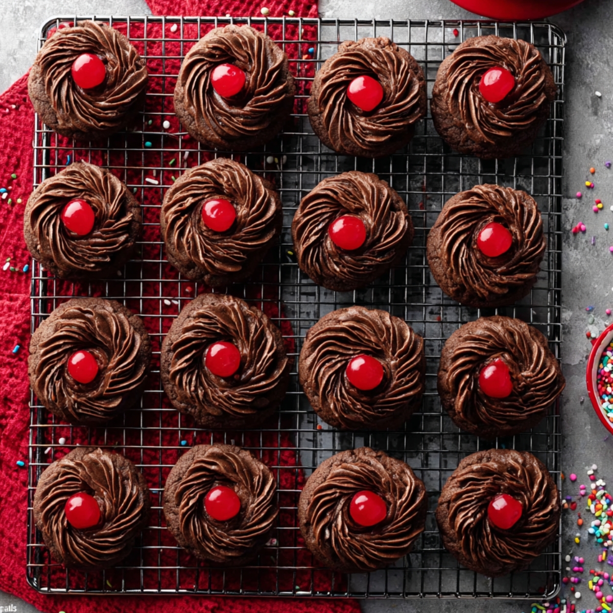 Easy Piped Chocolate Butter Cookies 11 Freshly baked chocolate cookies with a swirl design, topped with bright red cherries, arranged neatly on a cooling rack.