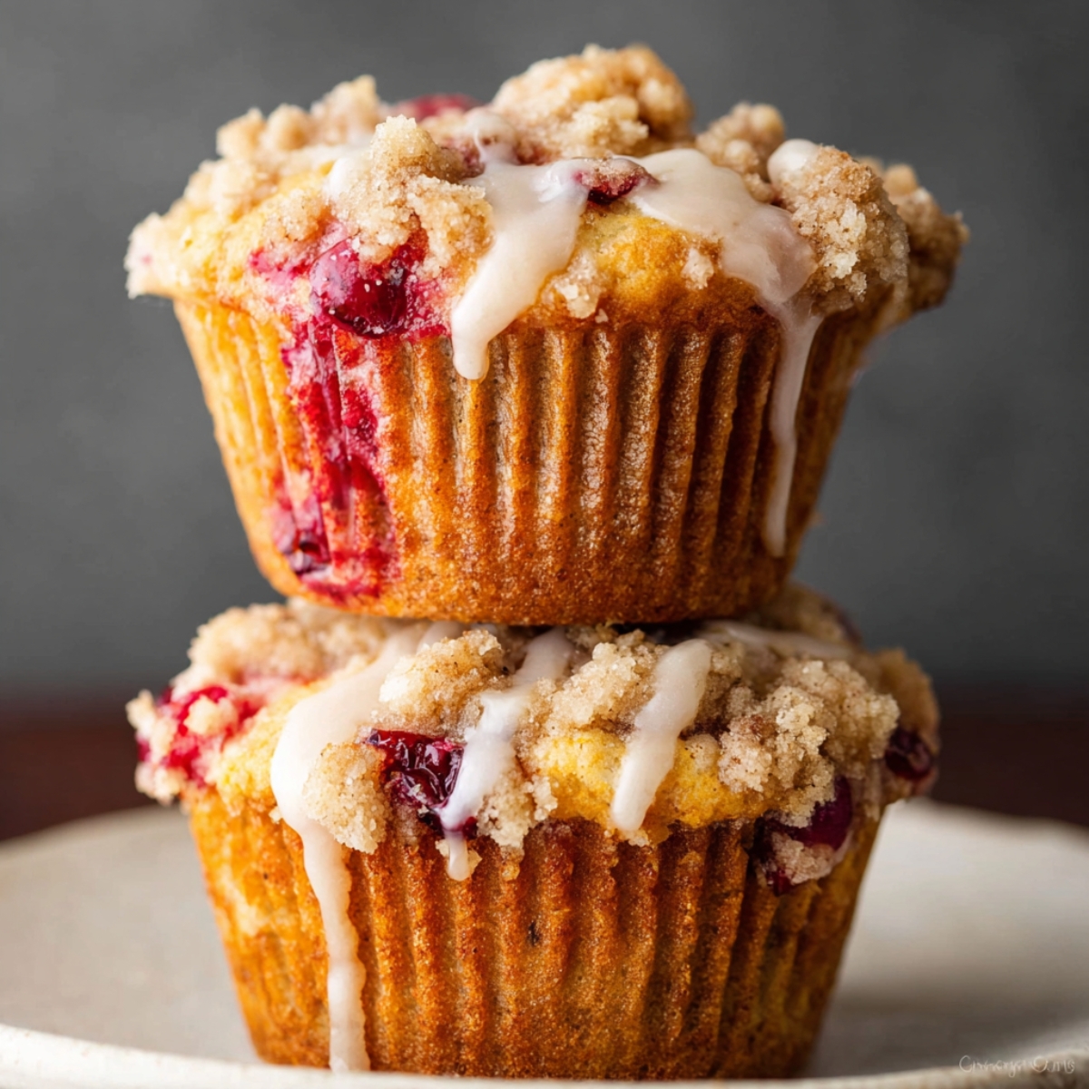 Stack of baked Cranberry Orange Muffins with streusel and glaze.