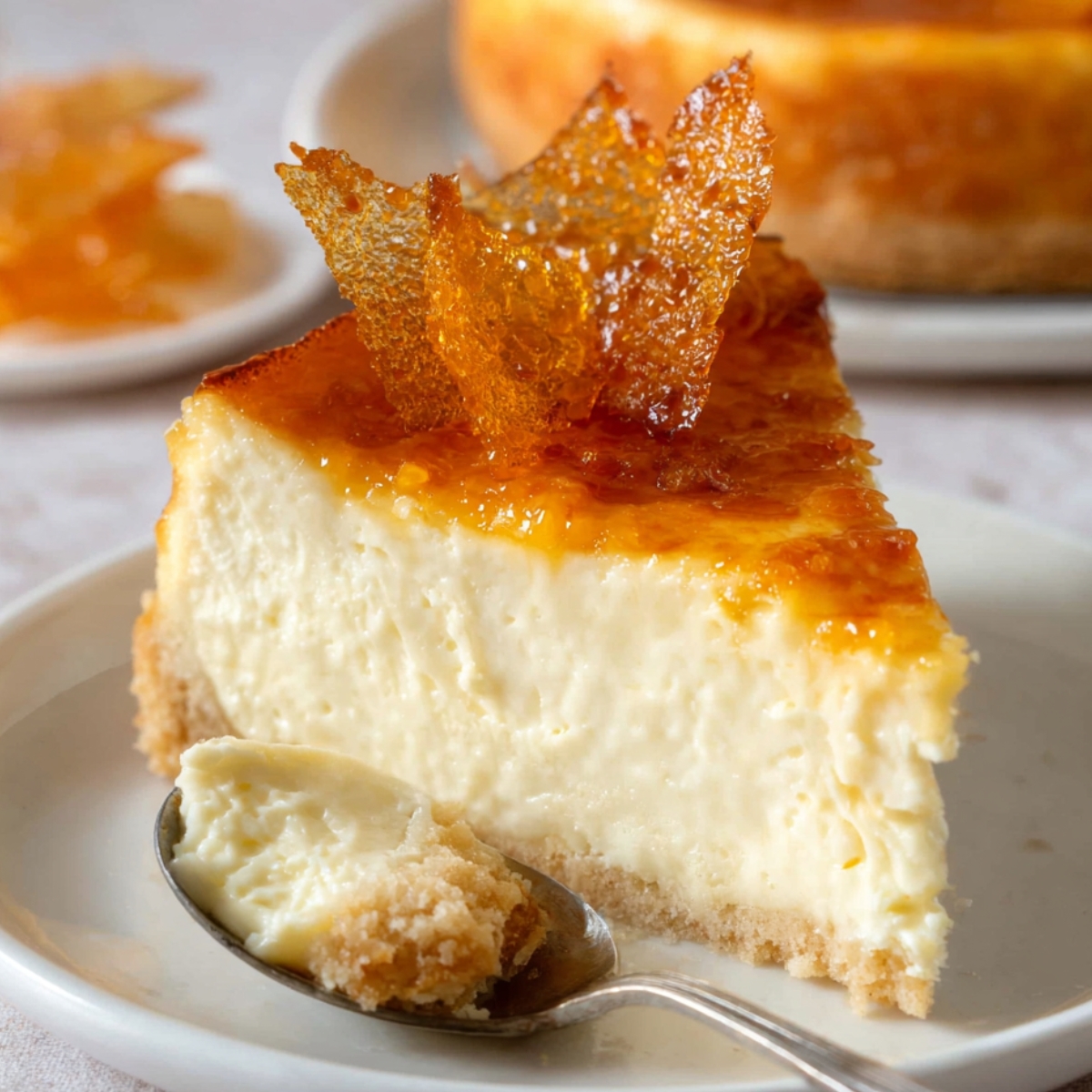 Creamy Crème Brûlée Cheesecake Recipe 9 Slice of Crème Brûlée Cheesecake topped with caramelized sugar shards.