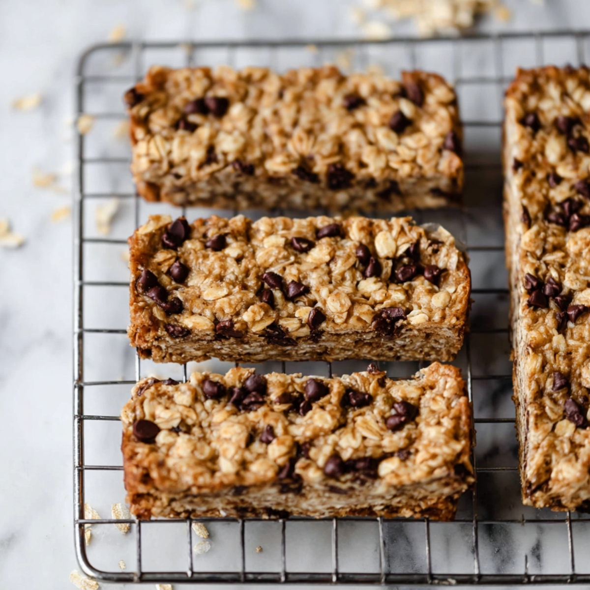 Healthy Peanut Butter Granola Bars Recipe 11 Close-up of homemade no-bake peanut butter granola bars filled with chocolate chips.