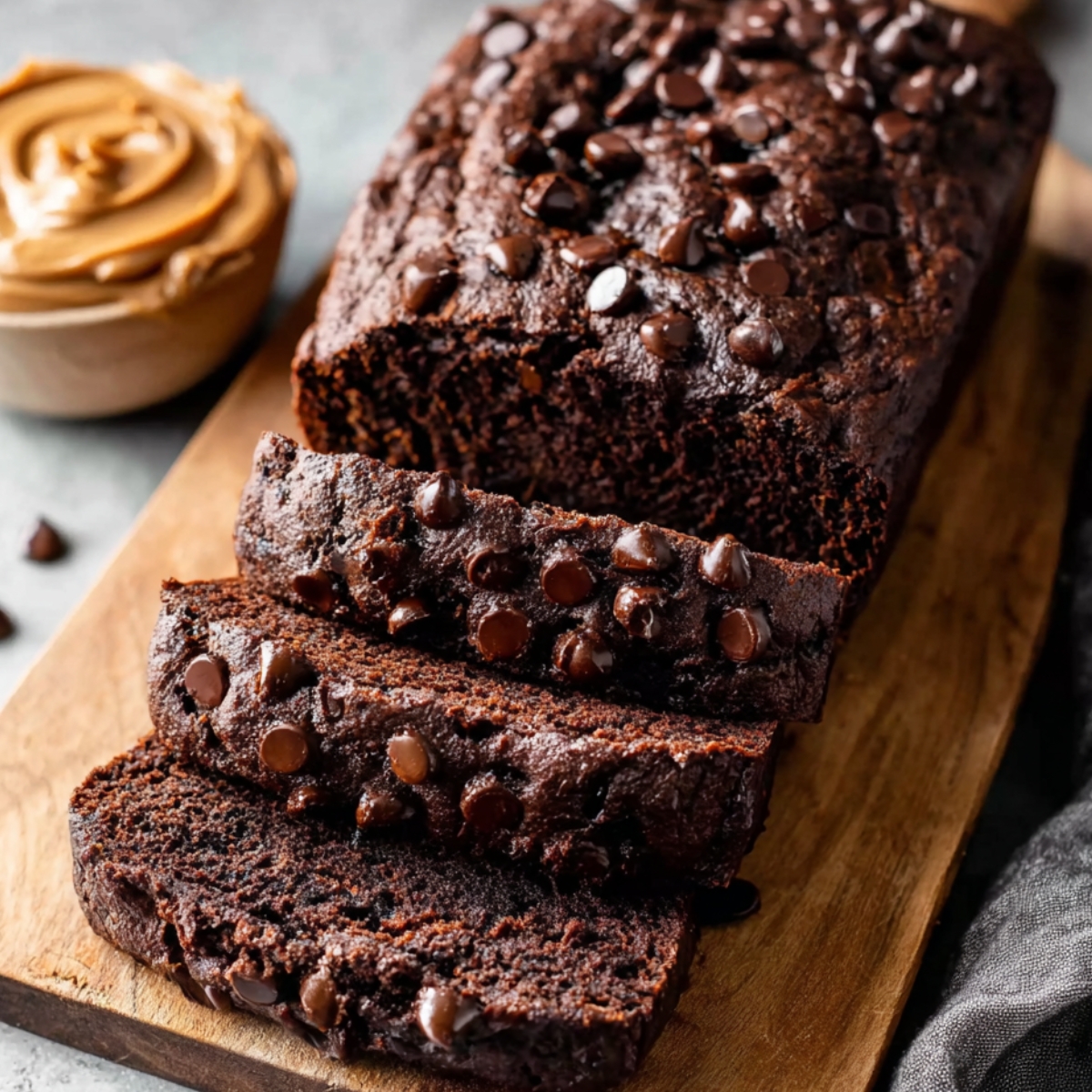 Double Chocolate Banana Bread 9 Freshly baked loaf of Double Chocolate Banana Bread, sliced into pieces and topped with chocolate chips. A bowl of peanut butter sits in the background.
