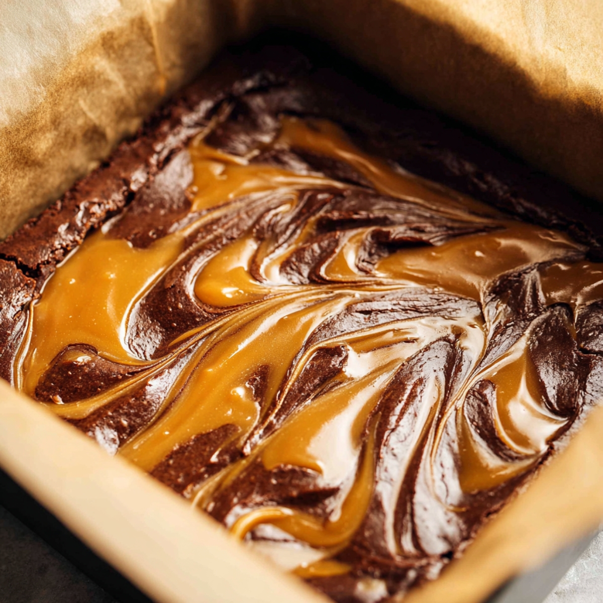Homemade Salted Caramel Brownies 11 A baking pan filled with brownie batter swirled with glossy caramel, creating beautiful marbled patterns across the surface of the mixture.