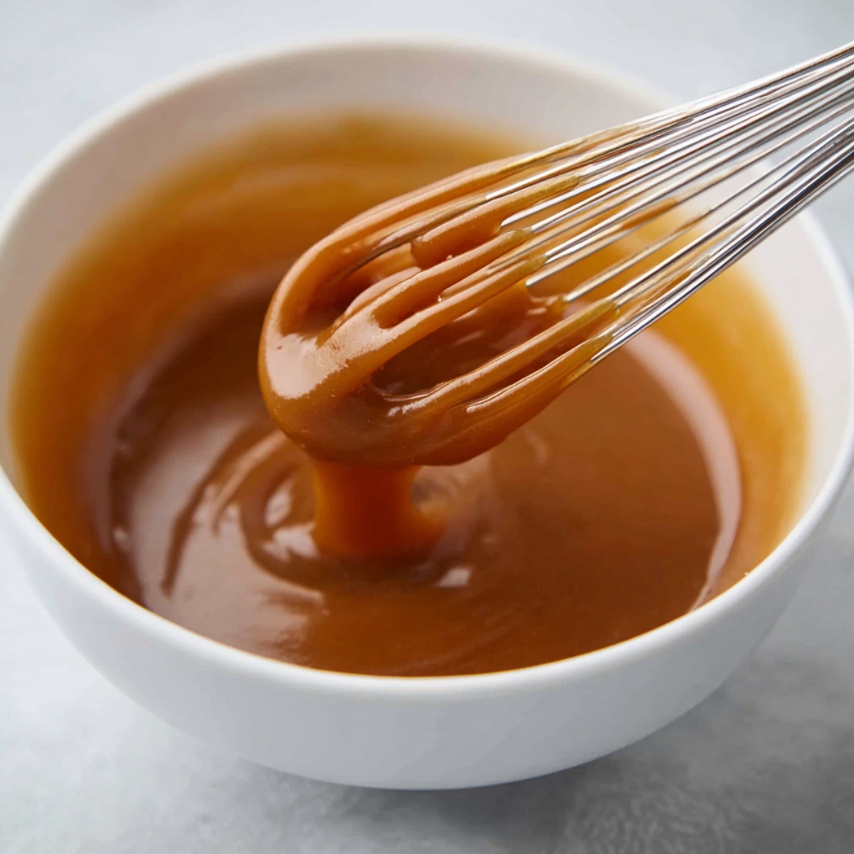 Gluten-Free Oatmeal Carmelita Bars 11 A whisk stirring smooth, rich caramel sauce in a white bowl, with the caramel dripping from the whisk, showing its glossy texture.