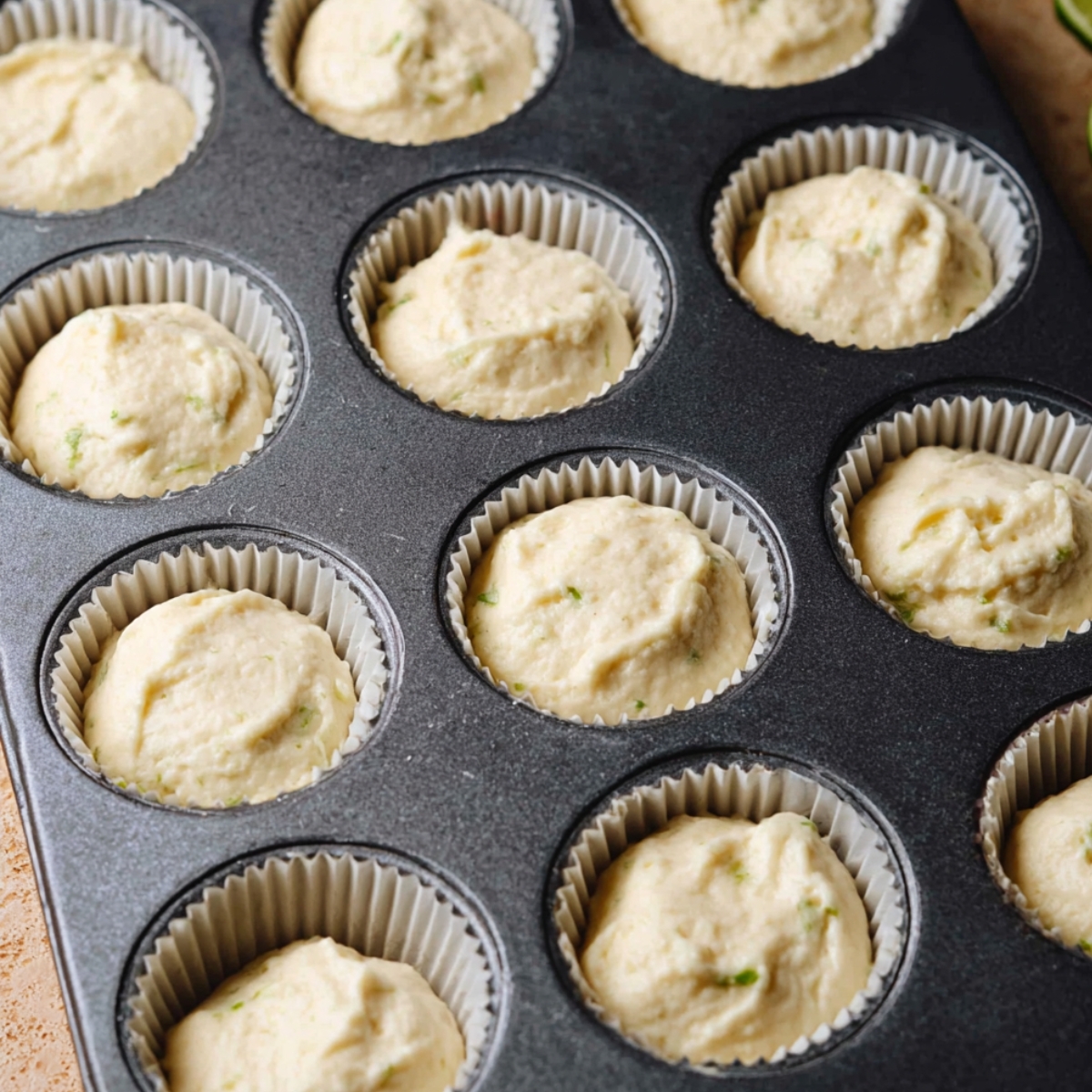 Easy Key Lime Cupcakes Recipe 11 Cupcakes being baked in a muffin tin with key lime zest sprinkled on top.