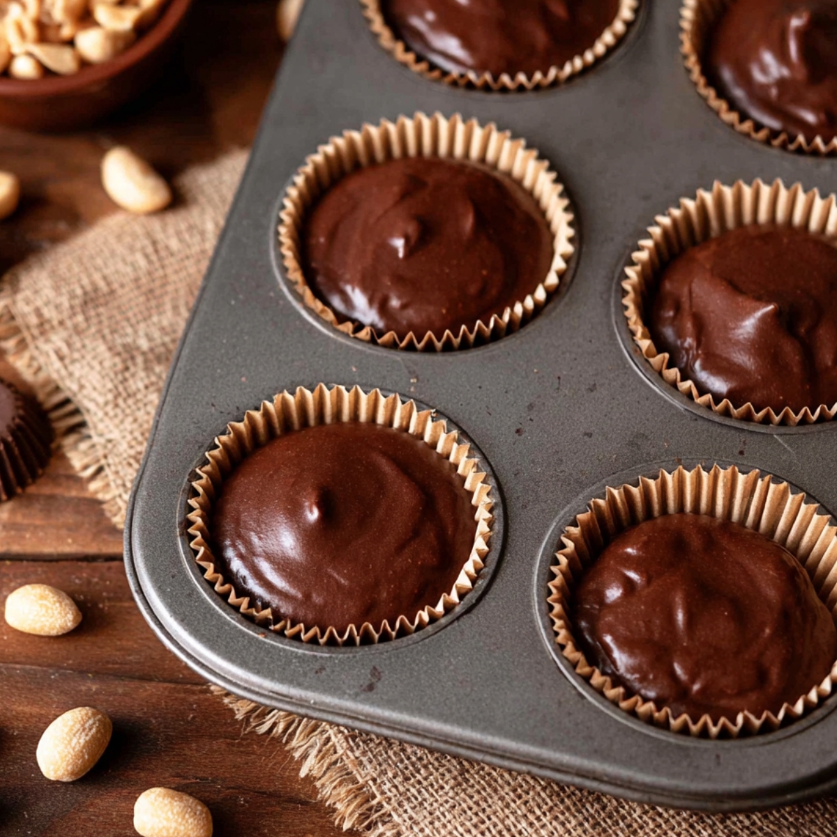 Easy Peanut Butter Cup Cupcakes 11 Unbaked peanut butter chocolate cupcakes in a muffin tin, with peanuts and mini cups.