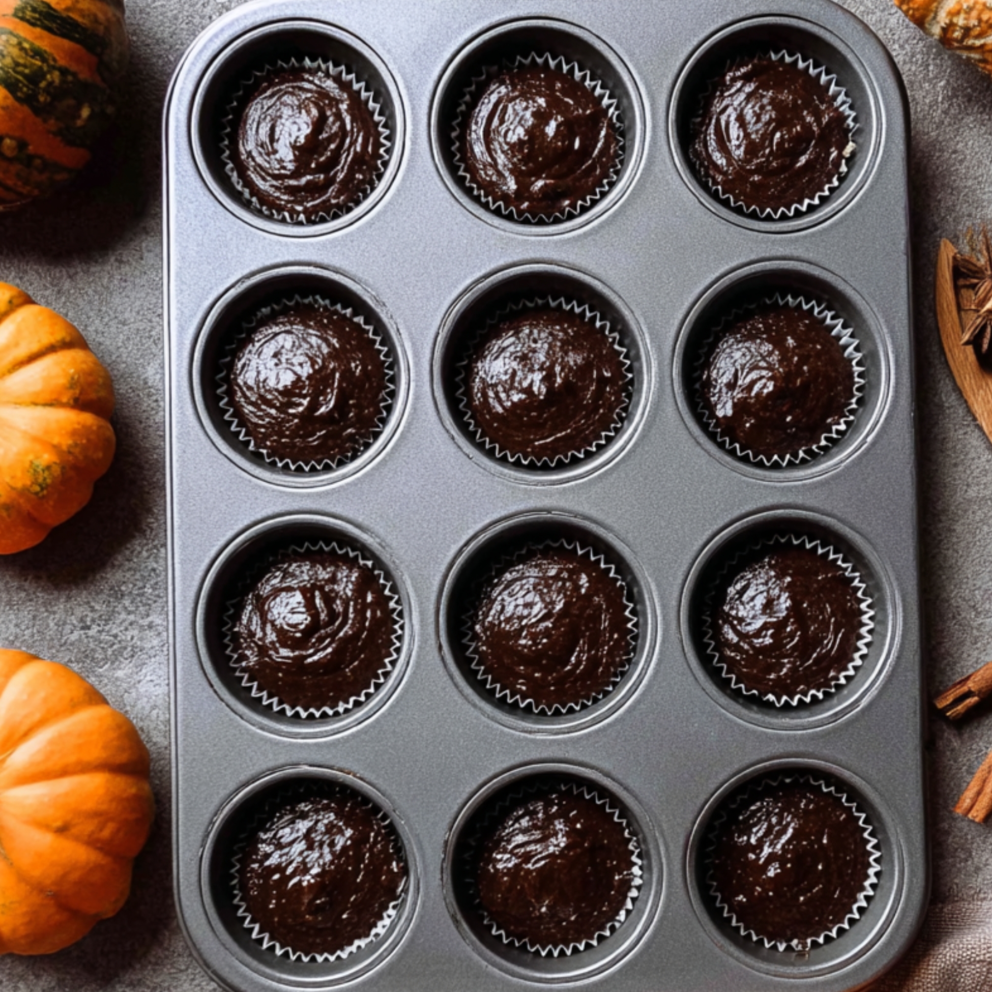 Easy Chocolate Pumpkin Cupcakes Recipe 11 Cupcake batter in muffin tin with paper liners.