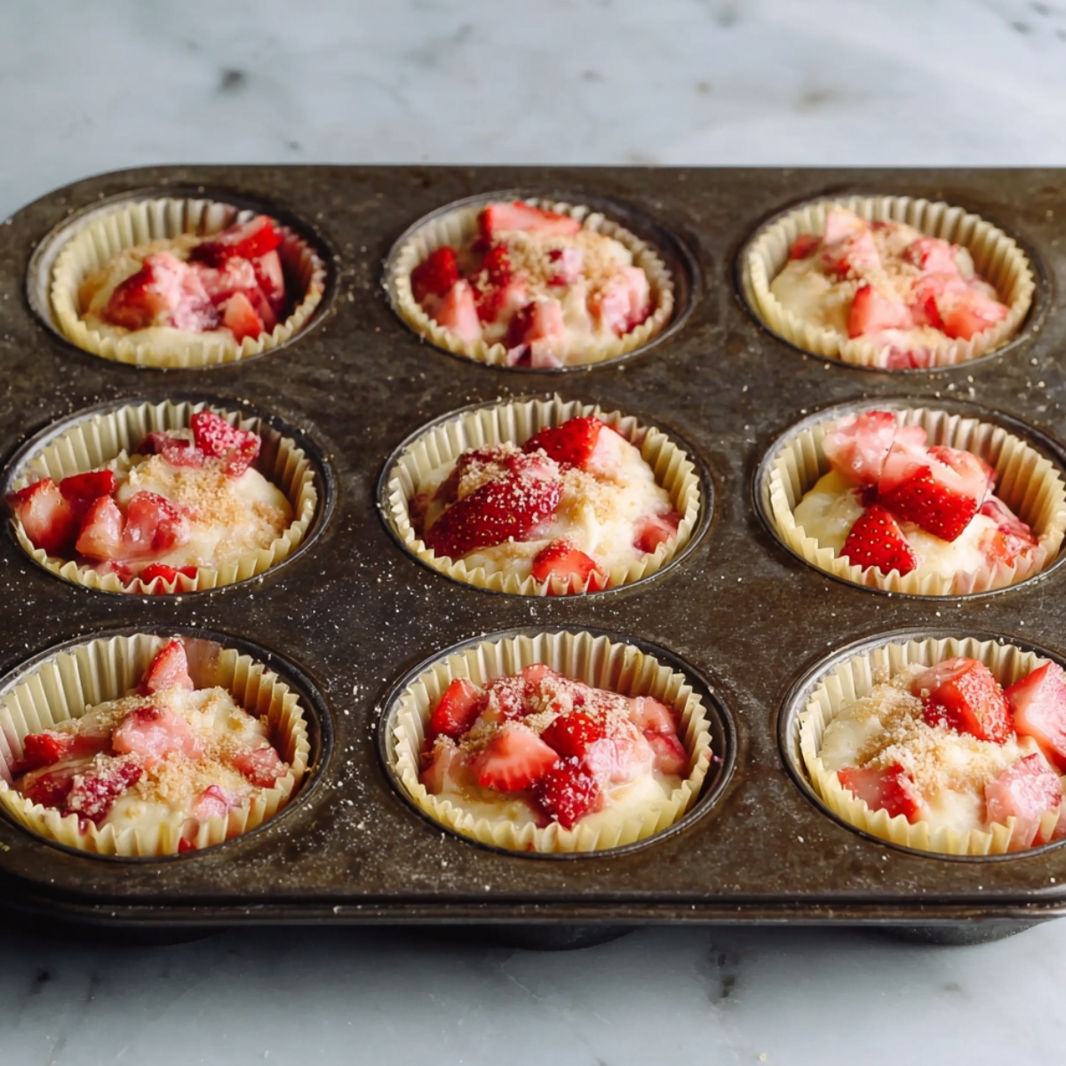 The Best Strawberry Muffins Recipe 11 Muffin tin filled with unbaked strawberry muffins, topped with fresh strawberry chunks and a sprinkle of sugar.