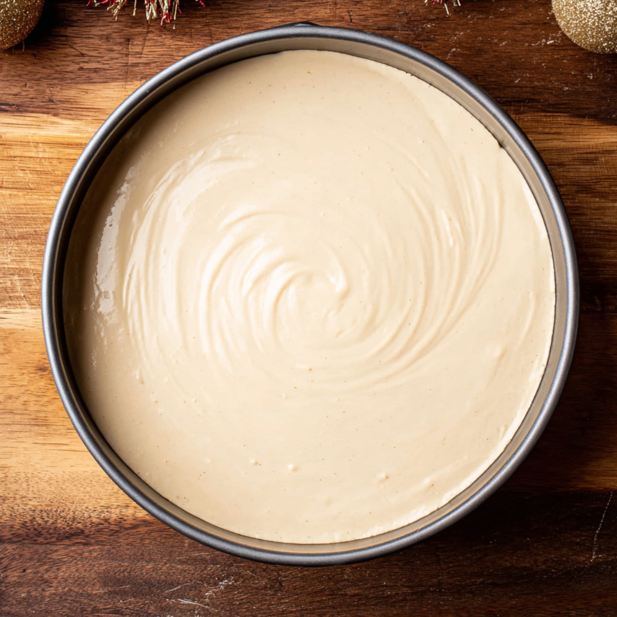 Creamy Crème Brûlée Cheesecake Recipe 11 Smooth cheesecake filling swirled in a springform pan with a graham cracker crust.