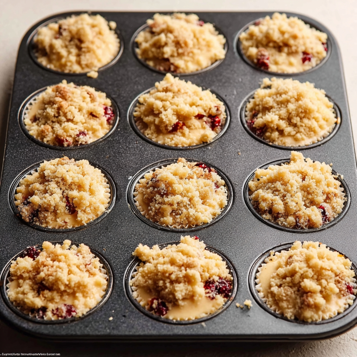 Easy Cranberry Orange Muffins 11 Muffin tin with cranberry-orange batter topped with crumble.