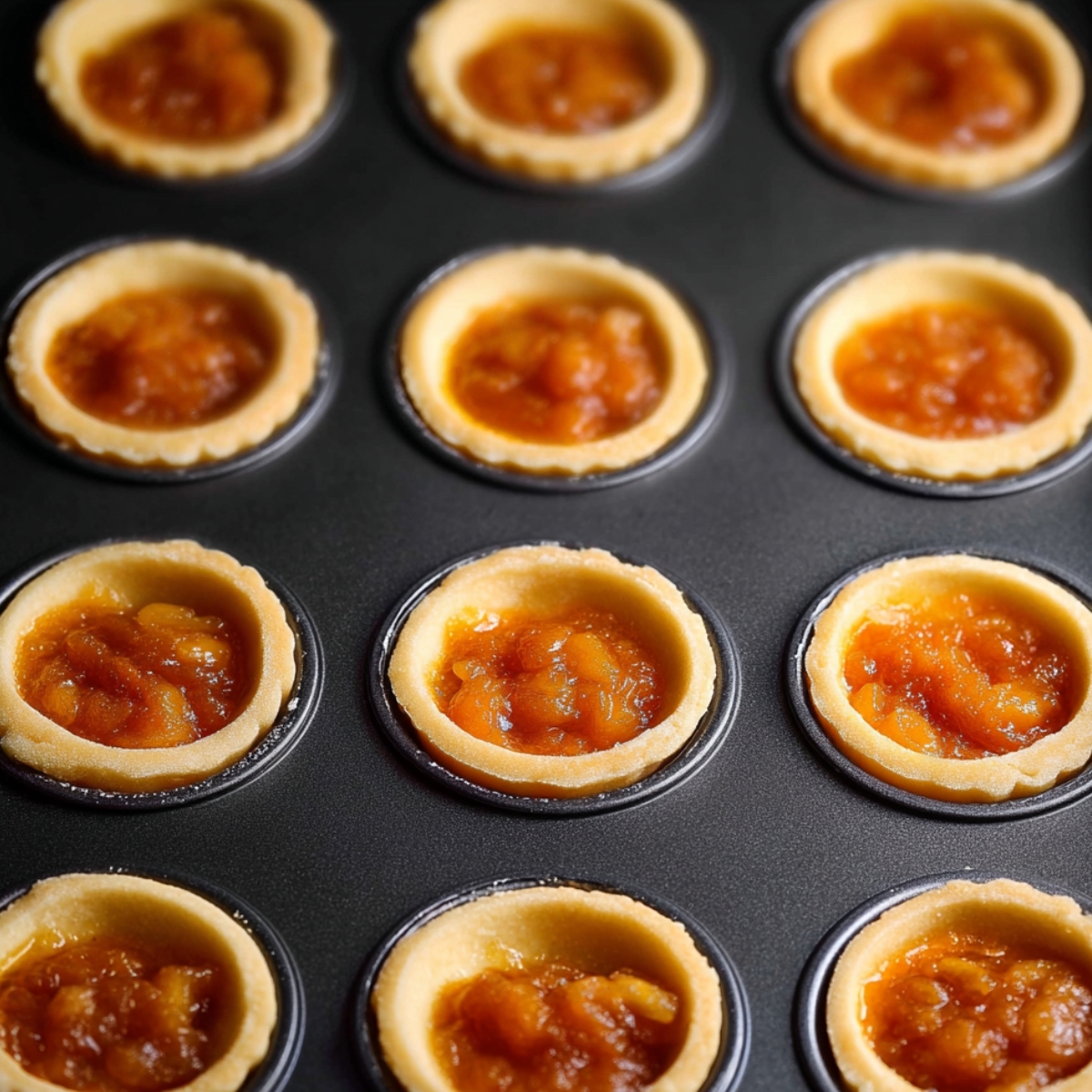 Homemade Apricot Tarts Recipe 11 A close-up shot of uncooked apricot tarts in a mini muffin pan. The tarts have golden crusts with apricot filling in the center, showcasing the smooth and glossy texture of the fruit filling.