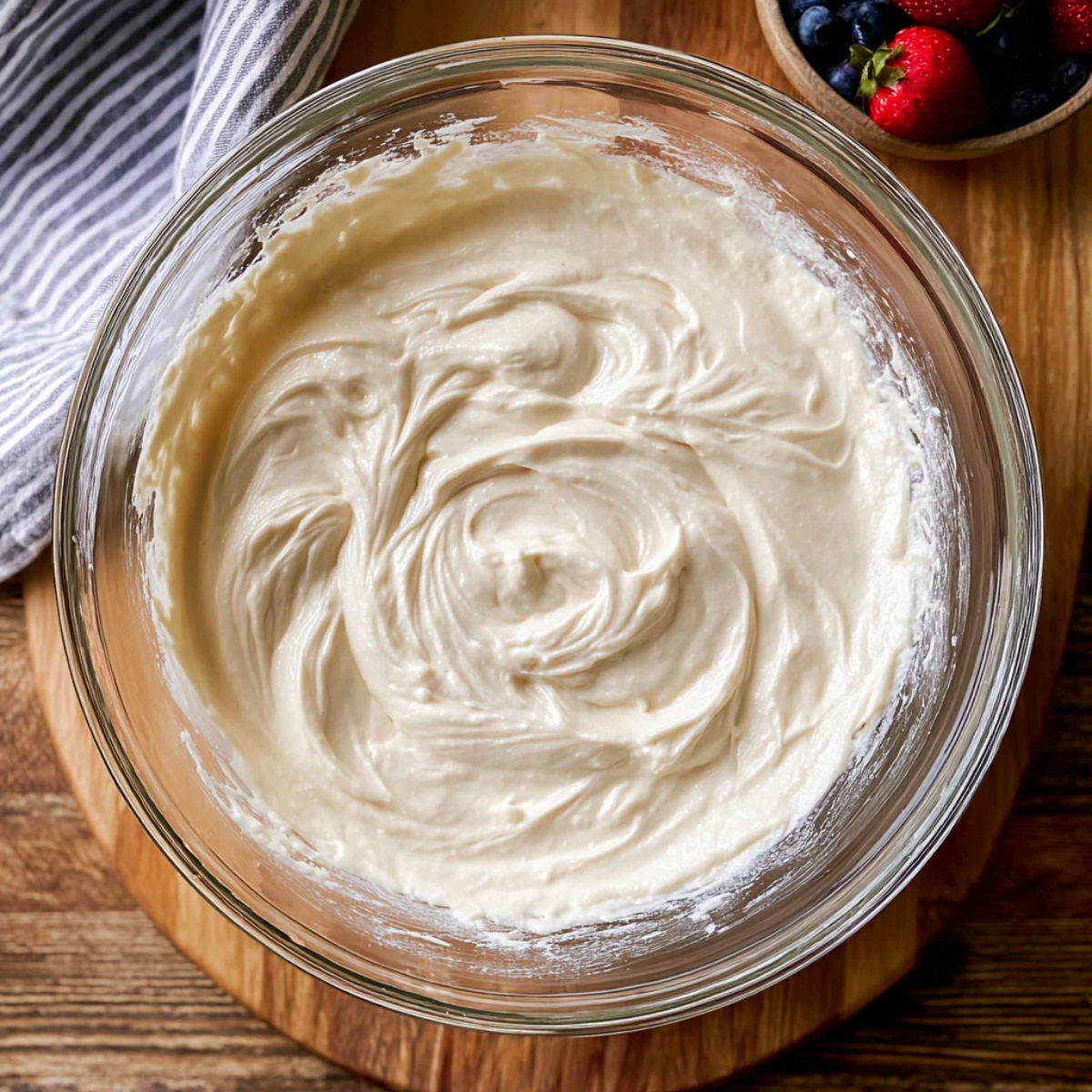 Easy No Bake Cheesecake Recipe 11 A smooth and creamy no-bake cheesecake filling in a glass bowl with a swirled texture, surrounded by fresh strawberries and blueberries.