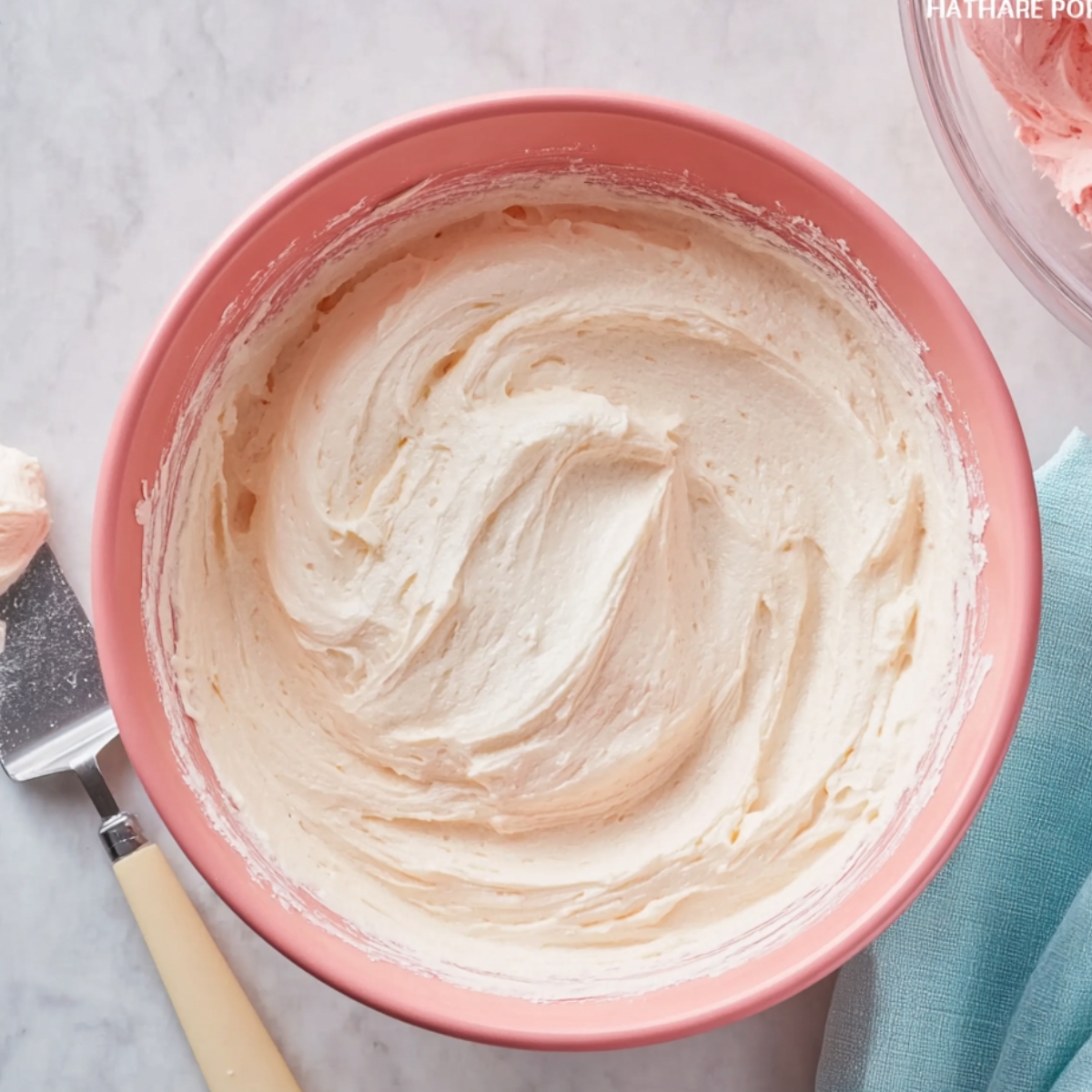 Easy Hawaiian Guava Cake Recipe 11 A pink bowl filled with creamy whipped frosting, swirled smoothly with a spatula, with a soft blue towel beside it on a marble surface.