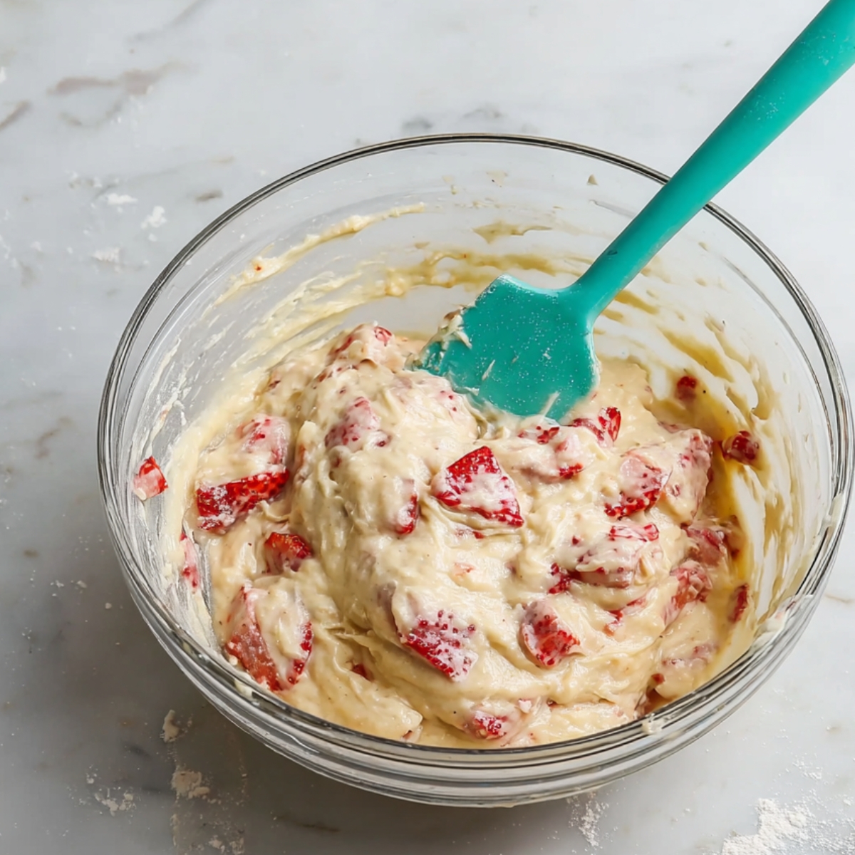 The Best Strawberry Muffins Recipe 10 A glass bowl of muffin batter mixed with fresh strawberries, stirred with a teal spatula.