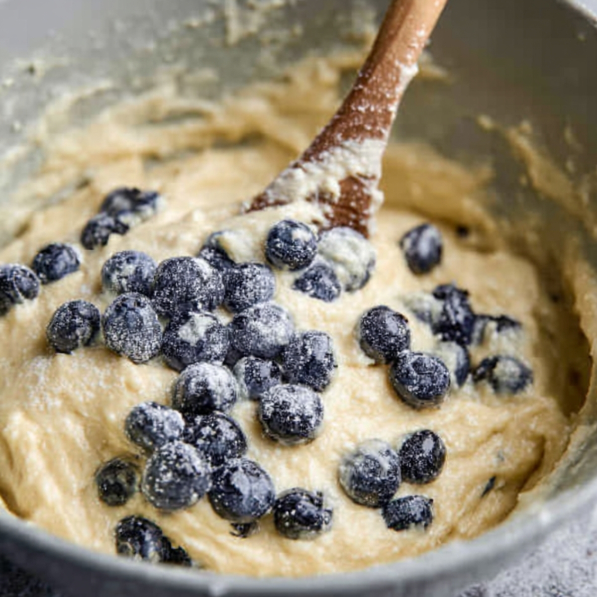 Easy Lemon Blueberry Bread Recipe 11 Close-up shot of a wooden spoon stirring cake batter with fresh blueberries mixed in. The batter is light and fluffy, with the blueberries coated in a dusting of flour.