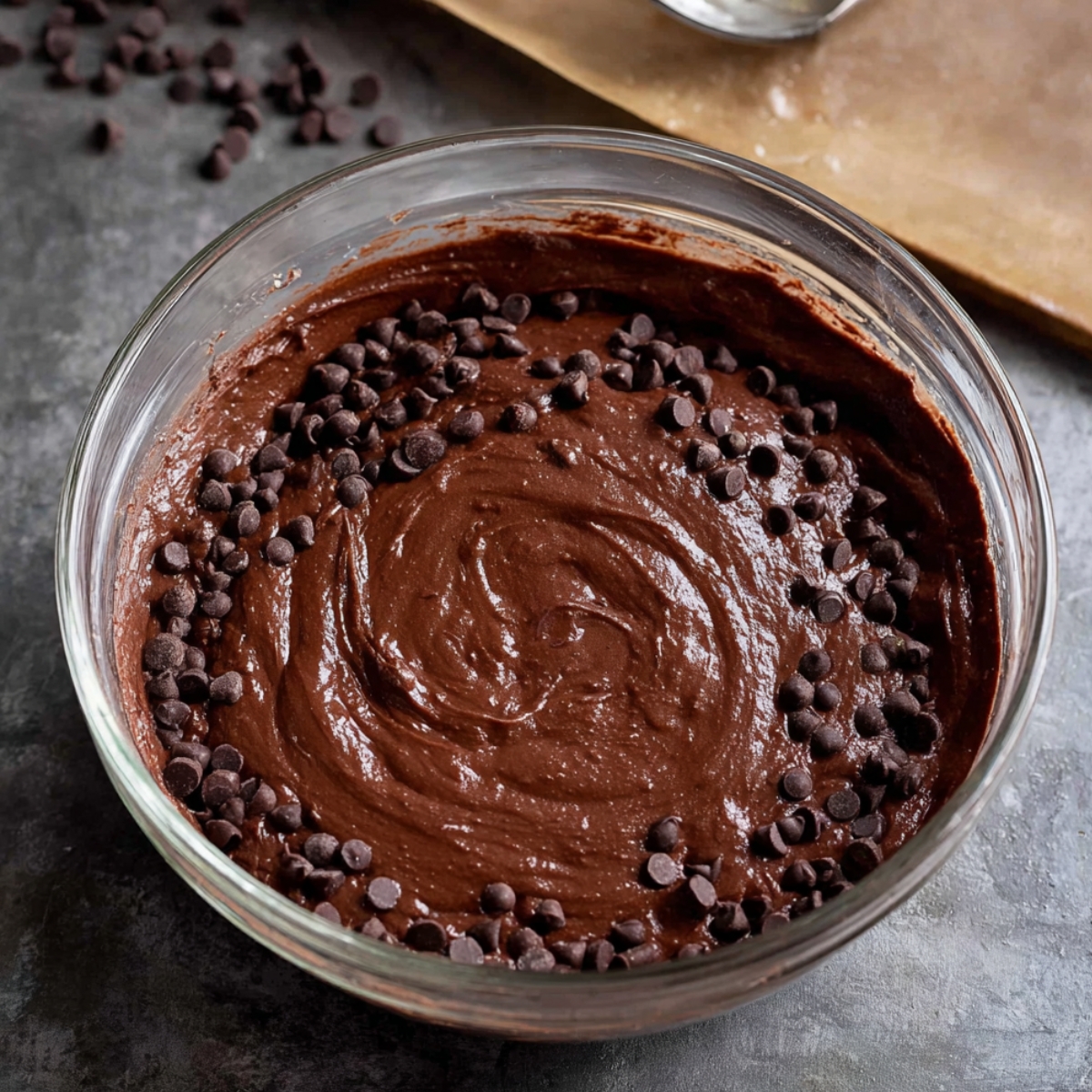 Moist Double Chocolate Muffins Recipe 11 A glass bowl filled with smooth chocolate muffin batter, dotted with mini chocolate chips ready to be baked.