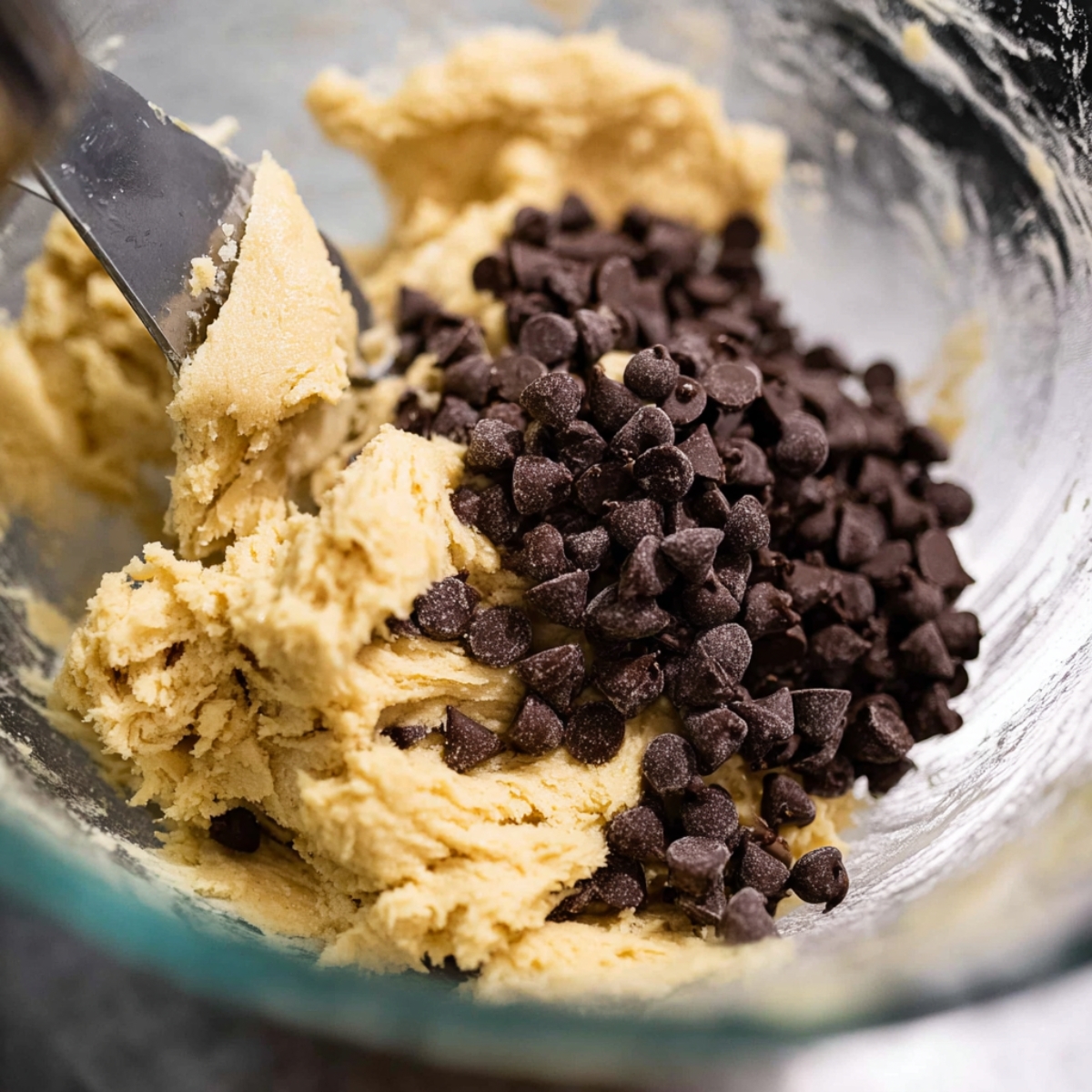 Easy Candy Cookie Bars Recipe 11 Close-up of chocolate chips added to cookie dough, ready to be mixed in with a spatula.