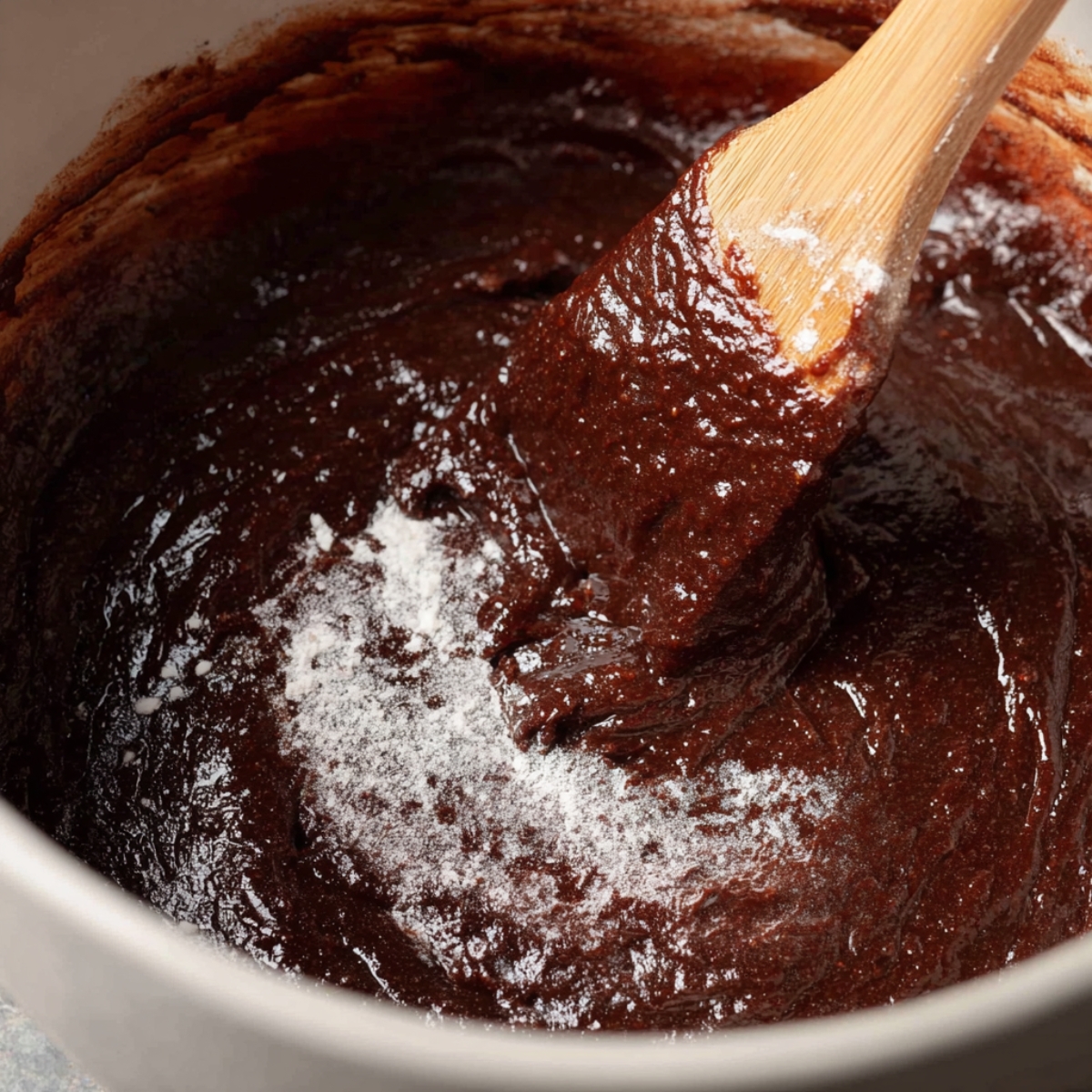 Easy Rocky Road Brownies 11 A close-up of thick, chocolate brownie batter in a mixing bowl, with a spatula stirring it. Some flour is visible on the edges, and the batter has a smooth, glossy texture.