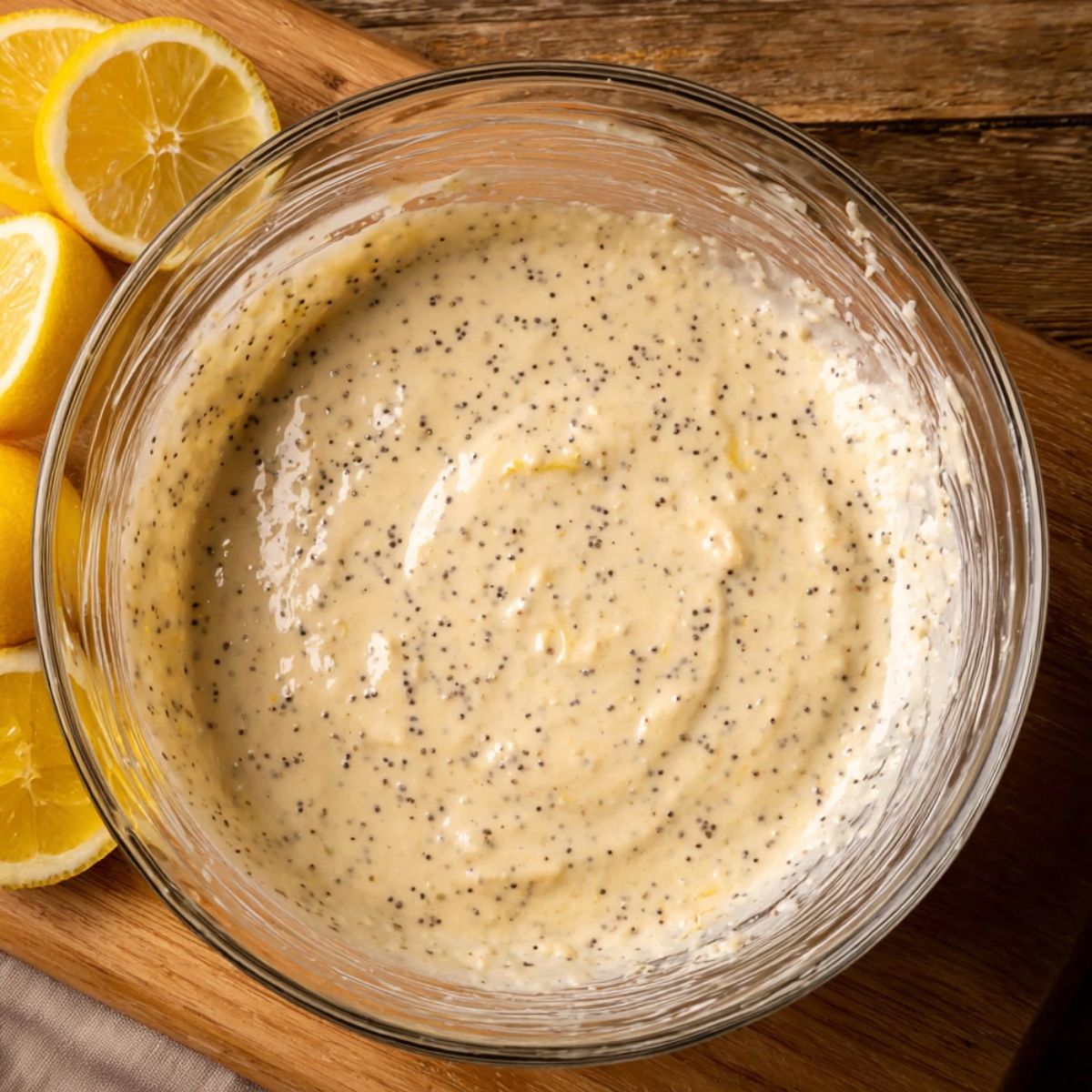 Moist Lemon Poppy Seed Muffins Recipe 10 A glass mixing bowl filled with smooth lemon poppy seed muffin batter, containing poppy seeds and lemon zest, set against slices of lemon on a wooden surface.
