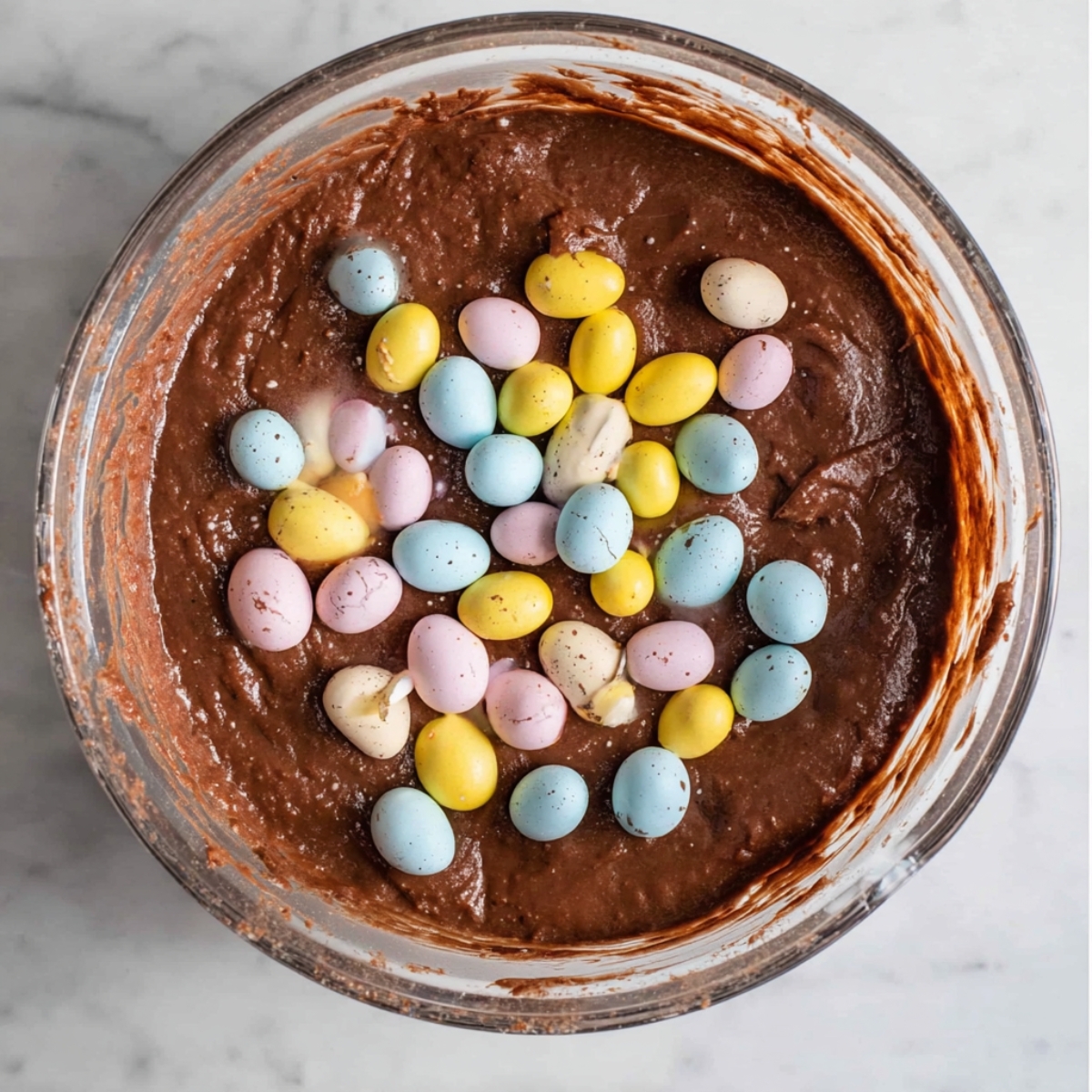 Easy Mini Egg Brownies Recipe 11 A bowl of thick chocolate brownie batter with pastel-colored mini eggs on top, ready to be mixed in.