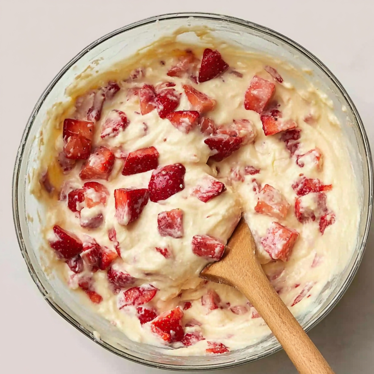 Easy Strawberry Lemon Blondies Recipe 10 A glass mixing bowl containing batter with fresh chopped strawberries folded into it, ready to be baked into a strawberry dessert.