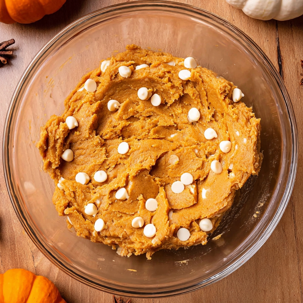 The Best Pumpkin Blondies Recipe 10 A glass bowl filled with pumpkin blondie dough, studded with white chocolate chips before being baked.