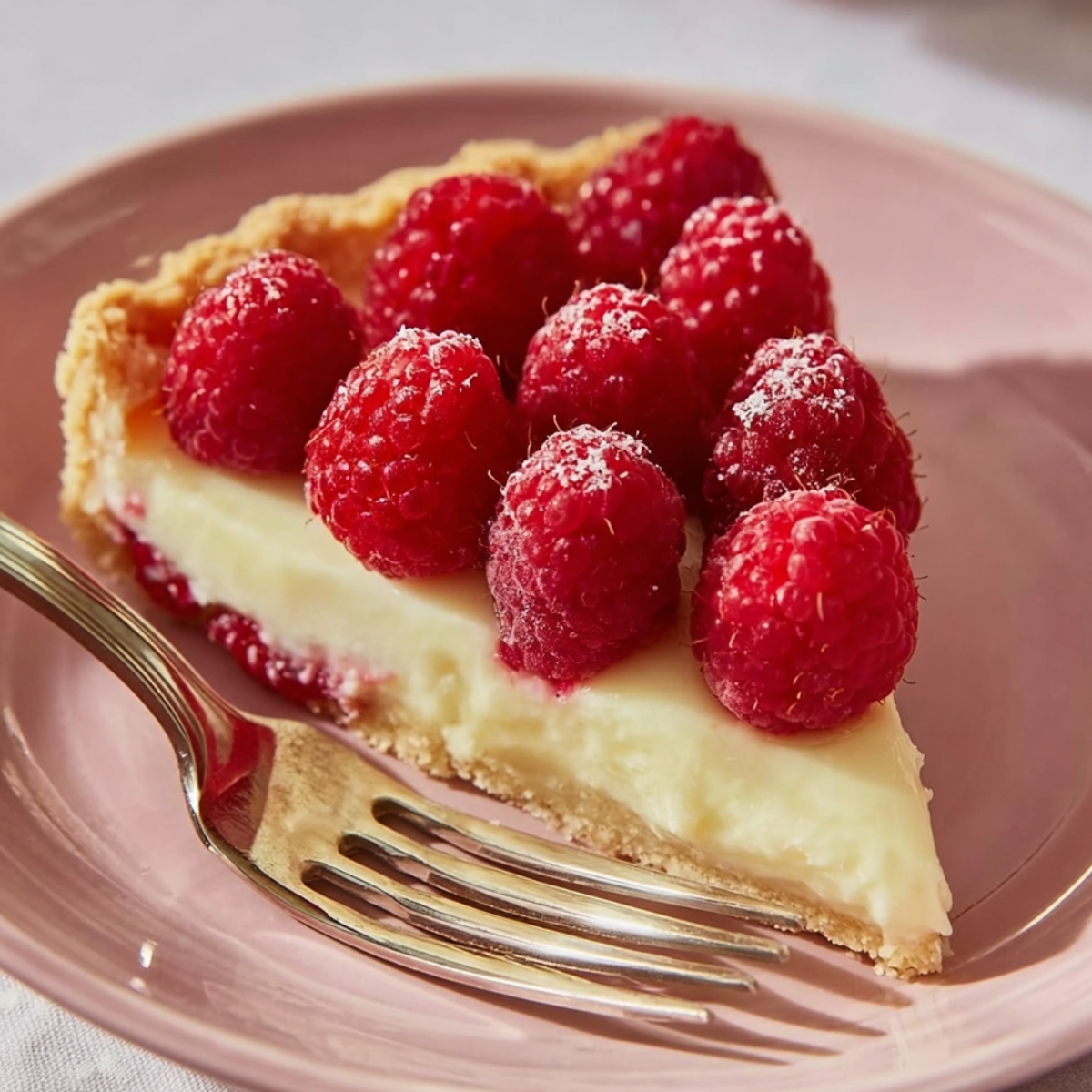A slice of French Raspberry Tart topped with fresh raspberries, sitting on a pink plate. The tart has a creamy filling with a golden crust and is accompanied by a fork.