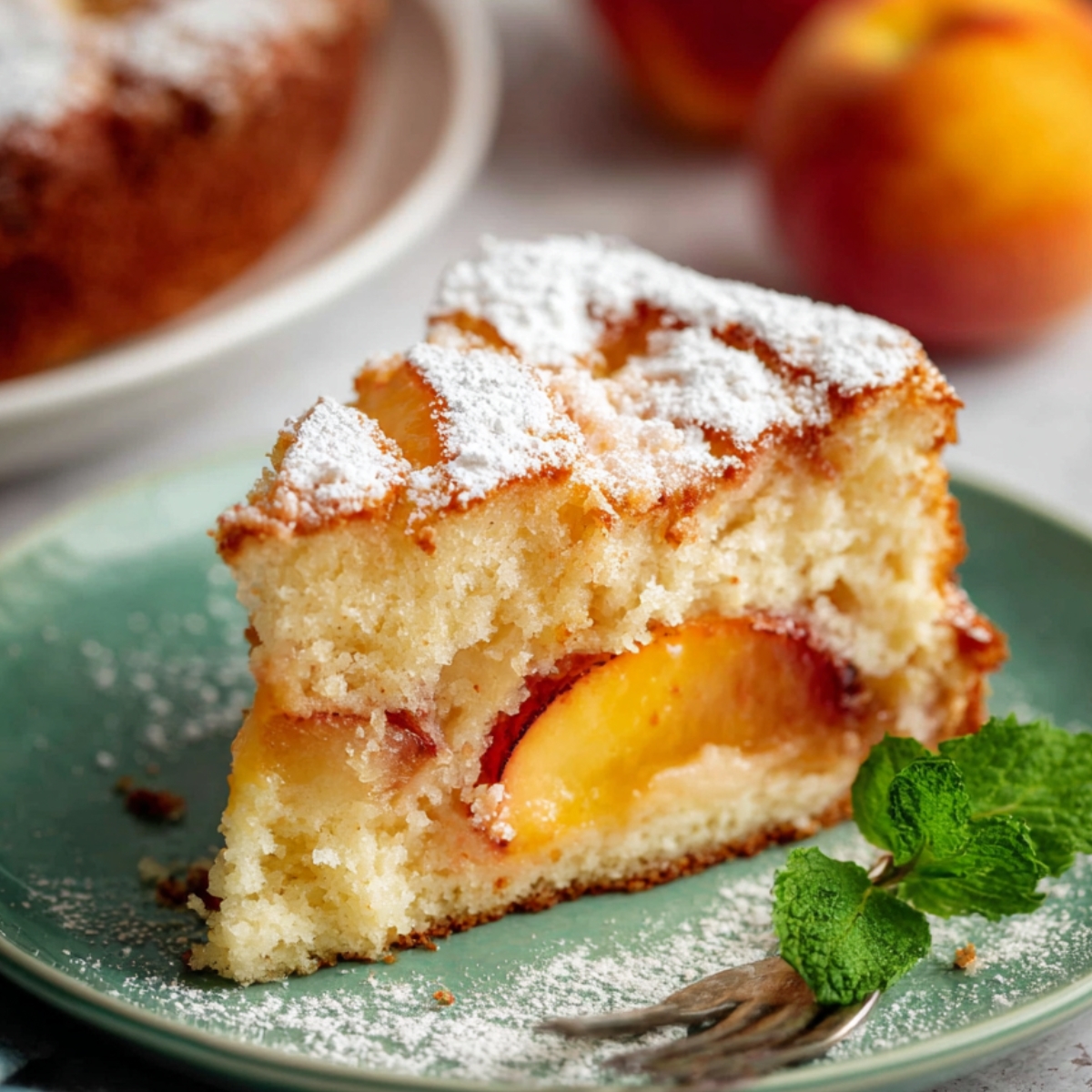 A slice of Fresh Peach Cake dusted with powdered sugar, placed on a green plate.