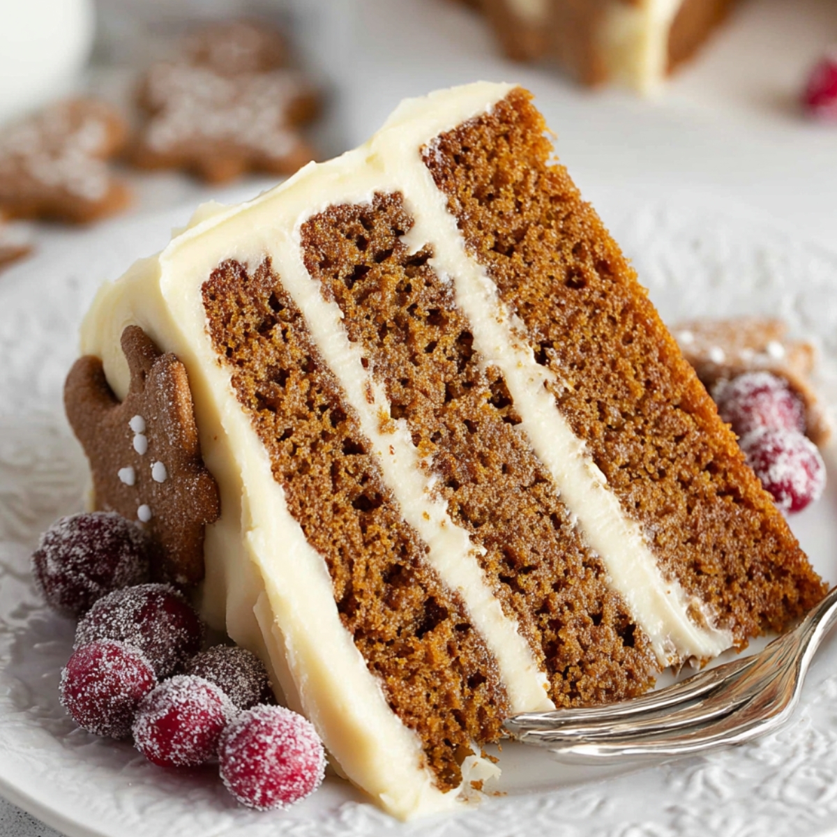 Slice of Gingerbread Layer Cake with frosting and decorations.