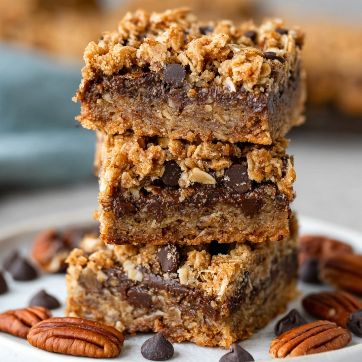 A stack of three Gluten-Free Oatmeal Carmelita Bars, showcasing the crumbly oat topping and gooey caramel and chocolate layers. The bars are surrounded by pecans and chocolate chips on a white plate.