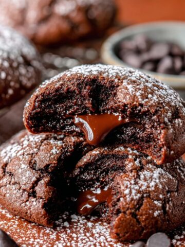 Homemade Chocolate Lava Cookies 1 Close-up of Homemade Chocolate Lava Cookies, dusted with powdered sugar. The cookies are cracked open, revealing a rich molten chocolate center spilling out.