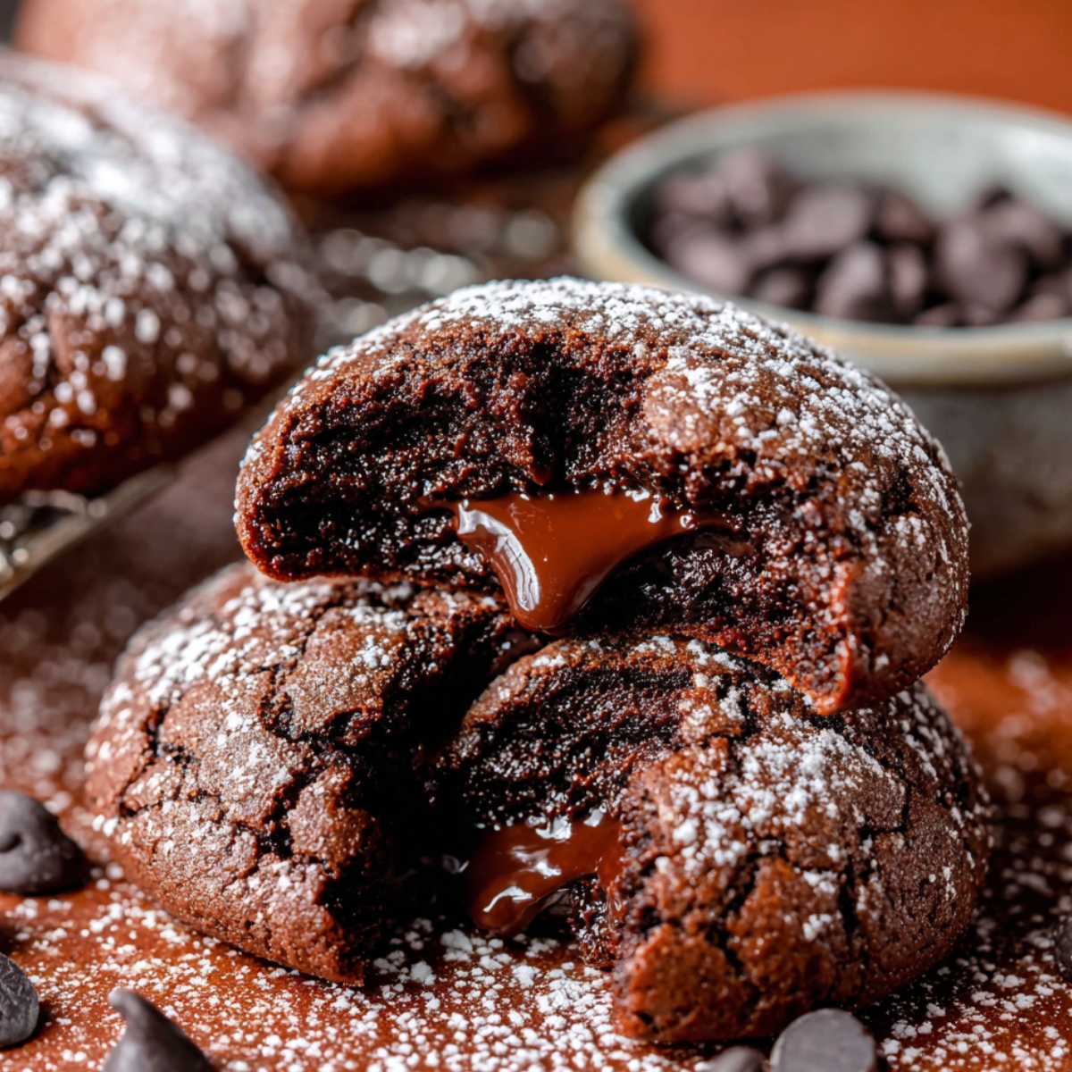 Close-up of Homemade Chocolate Lava Cookies, dusted with powdered sugar. The cookies are cracked open, revealing a rich molten chocolate center spilling out.