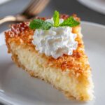 A slice of golden Impossible Coconut Pie topped with whipped cream and a fresh mint leaf, served on a white plate.