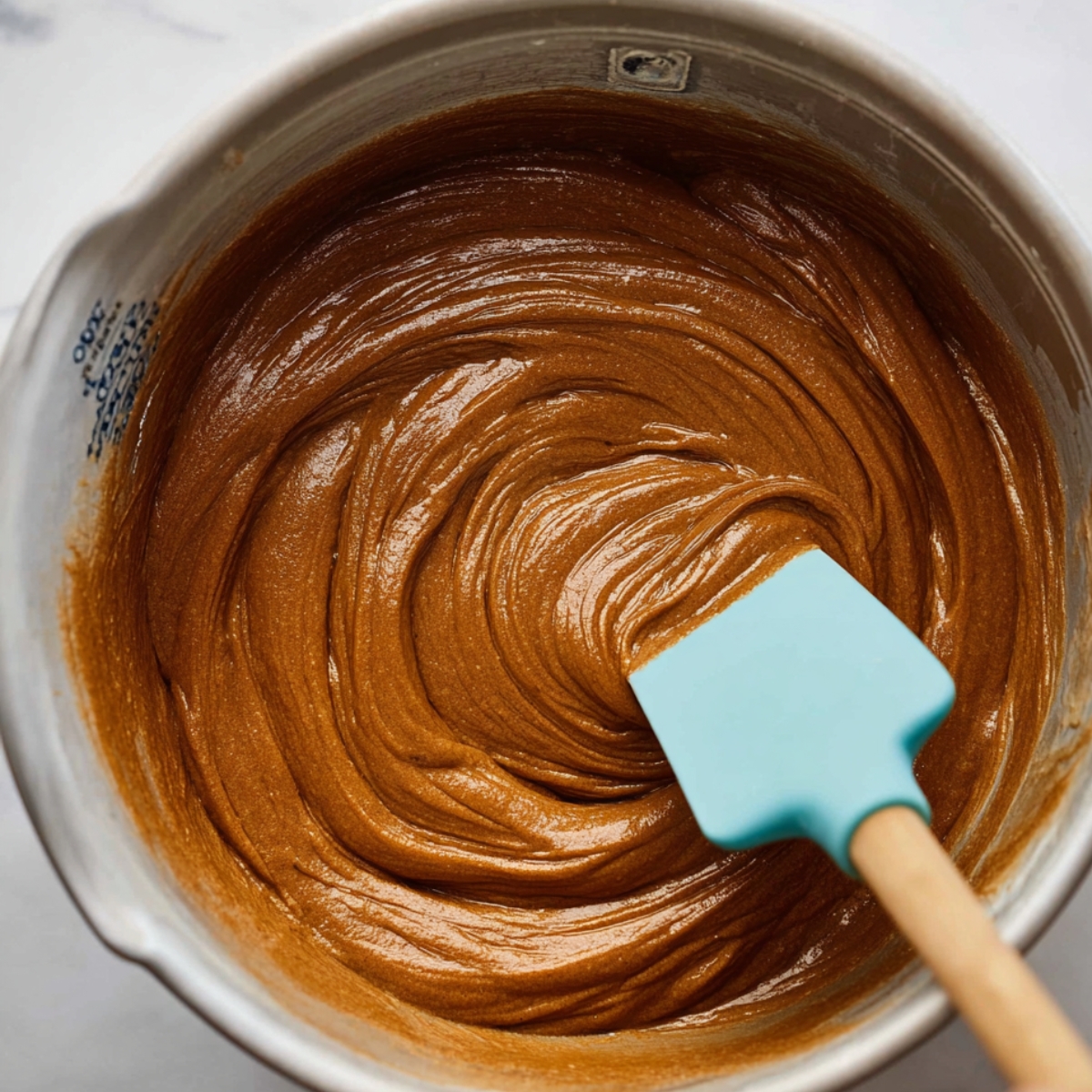 Easy Spiced Gingerbread Loaf Recipe 10 Close-up of gingerbread batter in a mixing bowl, with a pale blue spatula stirred in, showing the smooth, rich texture.