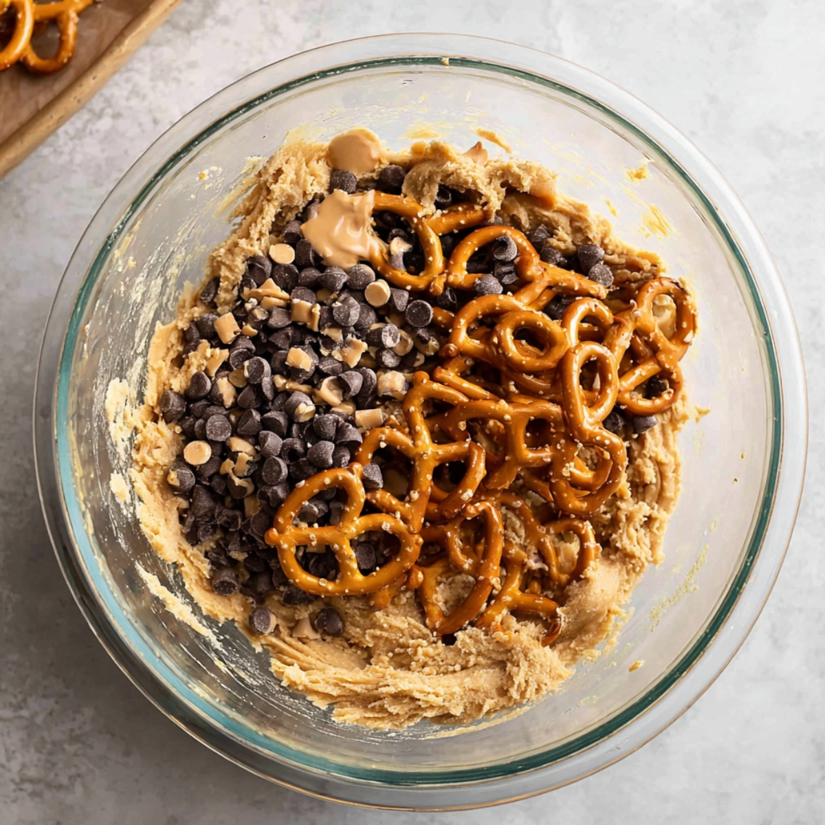 Kitchen Sink Cookies Recipe 10 A glass mixing bowl filled with cookie dough and topped with pretzels, chocolate chips, and toffee pieces, ready to be mixed.