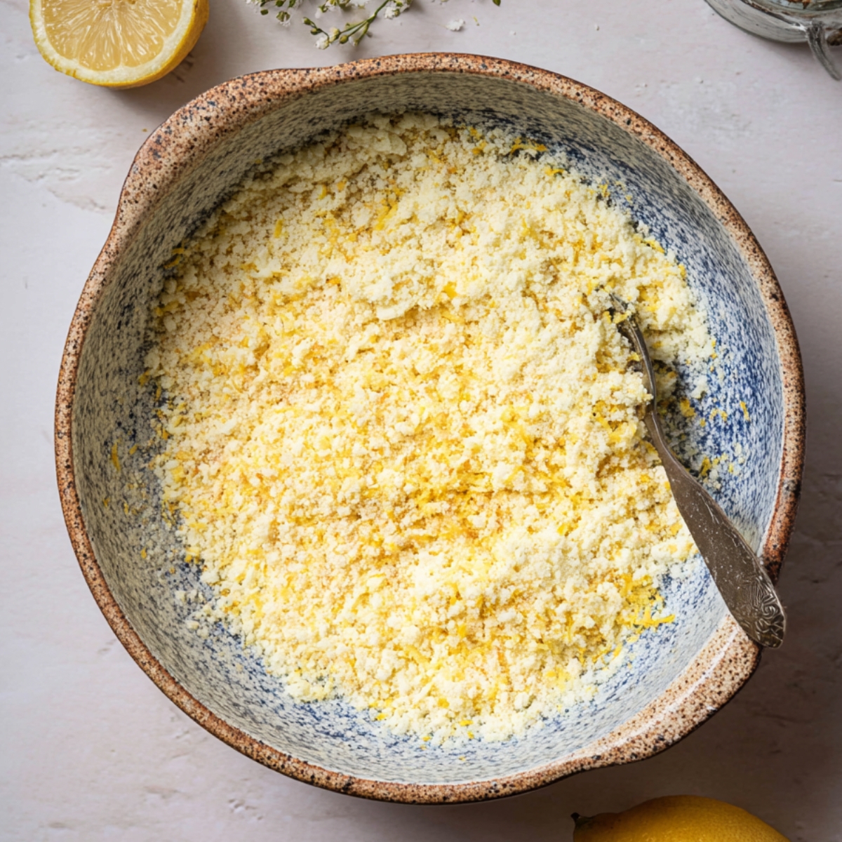Delicious Lemon Gooey Butter Cake 11 A mixing bowl with lemon zest and sugar mixture, a spoon, and lemon halves in the background.