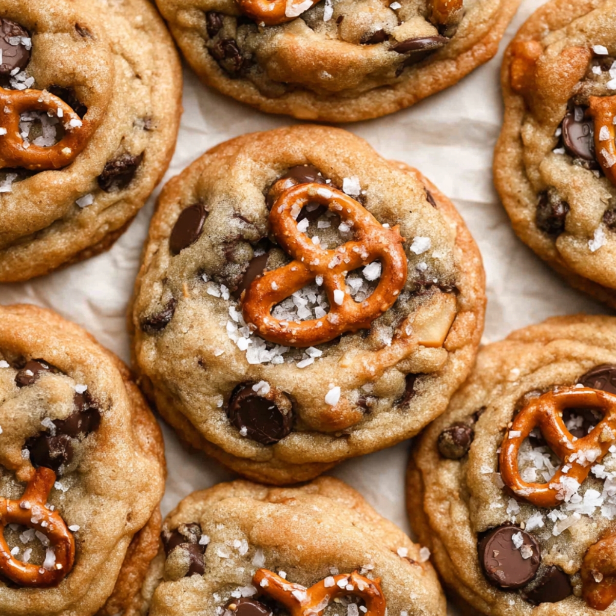 Close-up of freshly baked Kitchen Sink Cookies with pretzels, chocolate chips, and a sprinkle of sea salt on top, arranged on parchment paper.