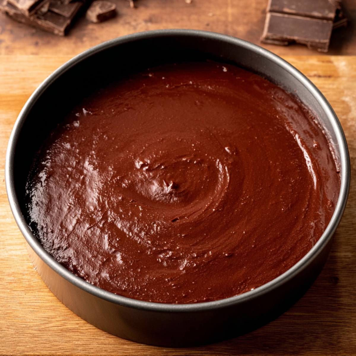 Best Chocolate Gooey Butter Cake Recipe 11 A round pan filled with smooth, glossy chocolate cake batter, ready for baking, with a swirl on top.