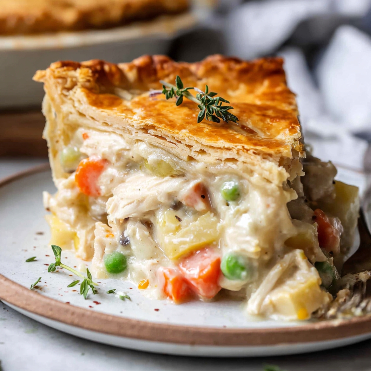 A slice of Leftover Turkey Pot Pie on a plate, showing a creamy filling of vegetables and chicken, with a golden, flaky crust and garnished with a sprig of thyme.