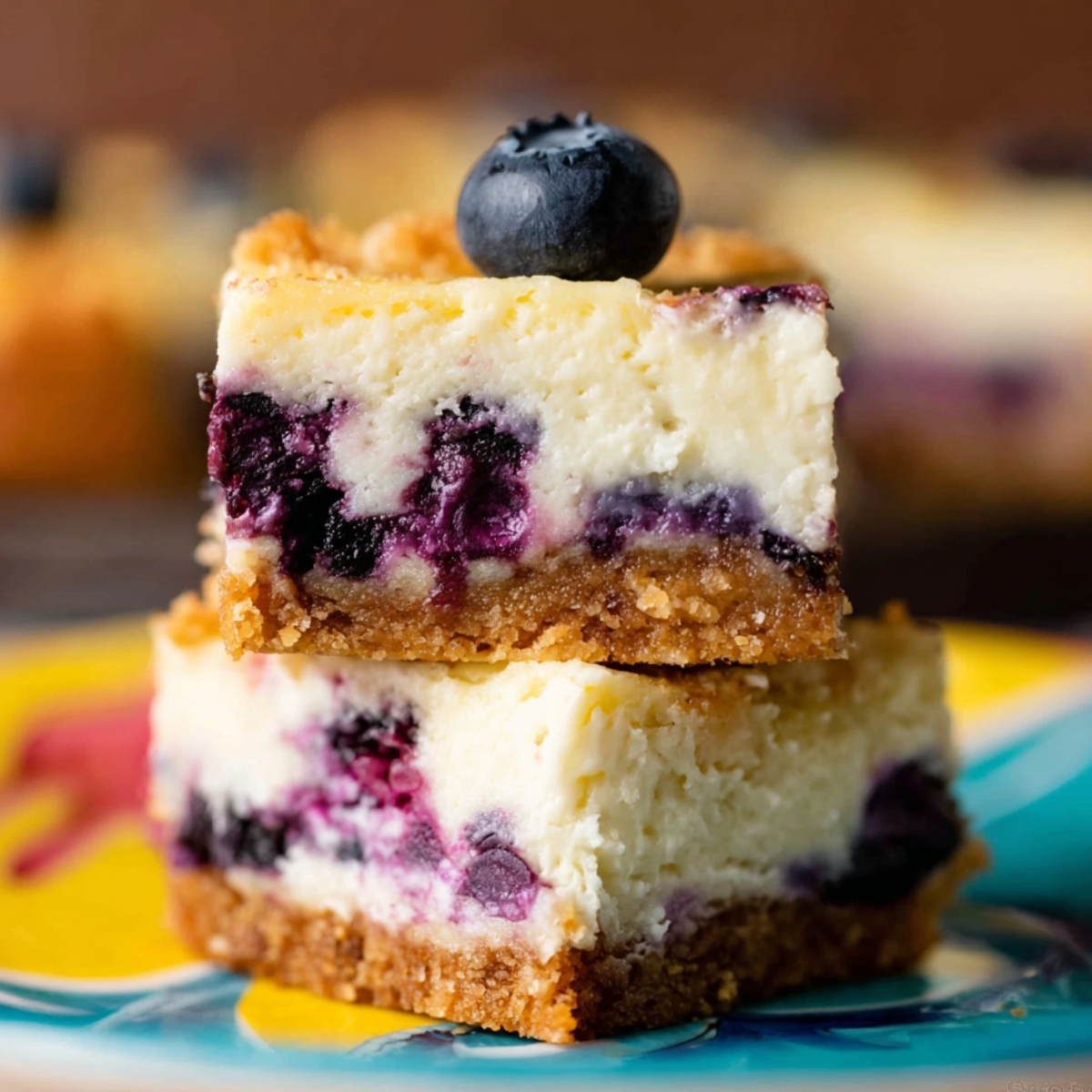 Stacked Lemon Blueberry Cheesecake Bars with a graham cracker crust and topped with a fresh blueberry.