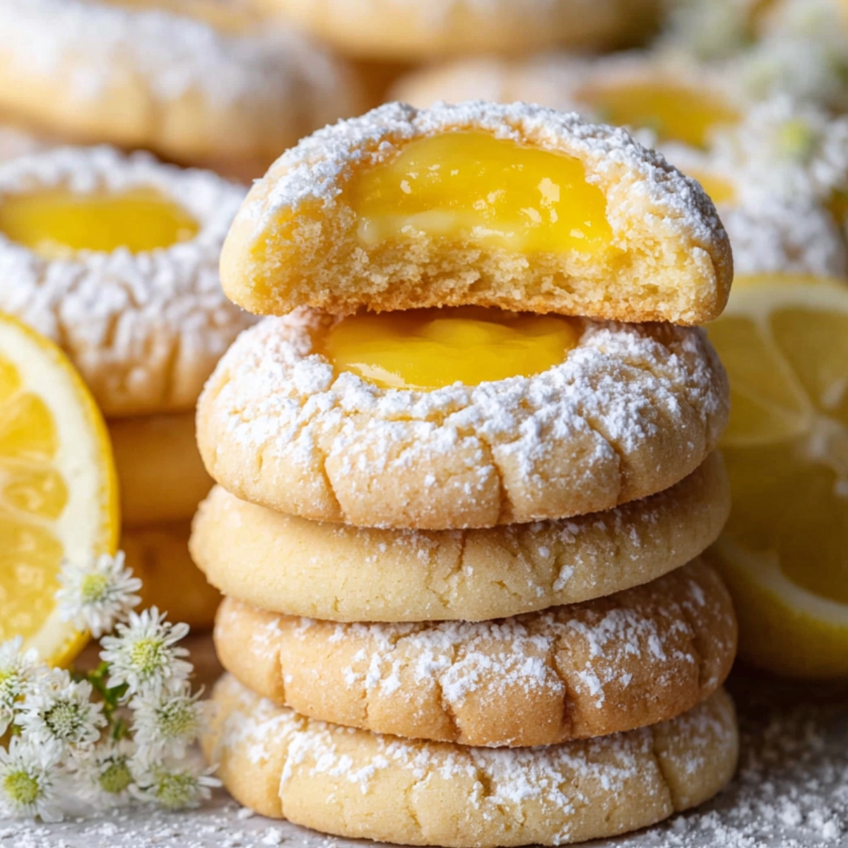 The Best Lemon Curd Cookies Recipe 9 A stack of Lemon Curd Cookies, dusted with powdered sugar, with one cookie broken in half to reveal the smooth lemon curd filling inside.